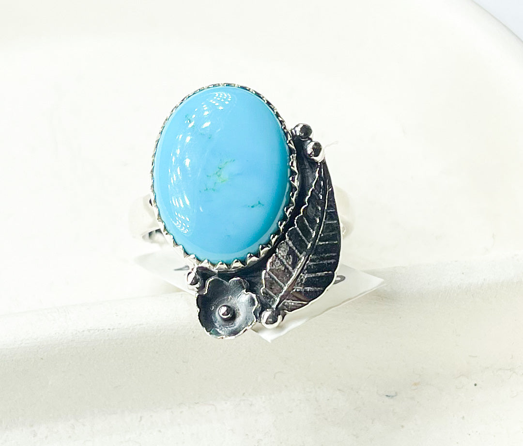 Turquoise W Leaf Ring Adjustable -SSS