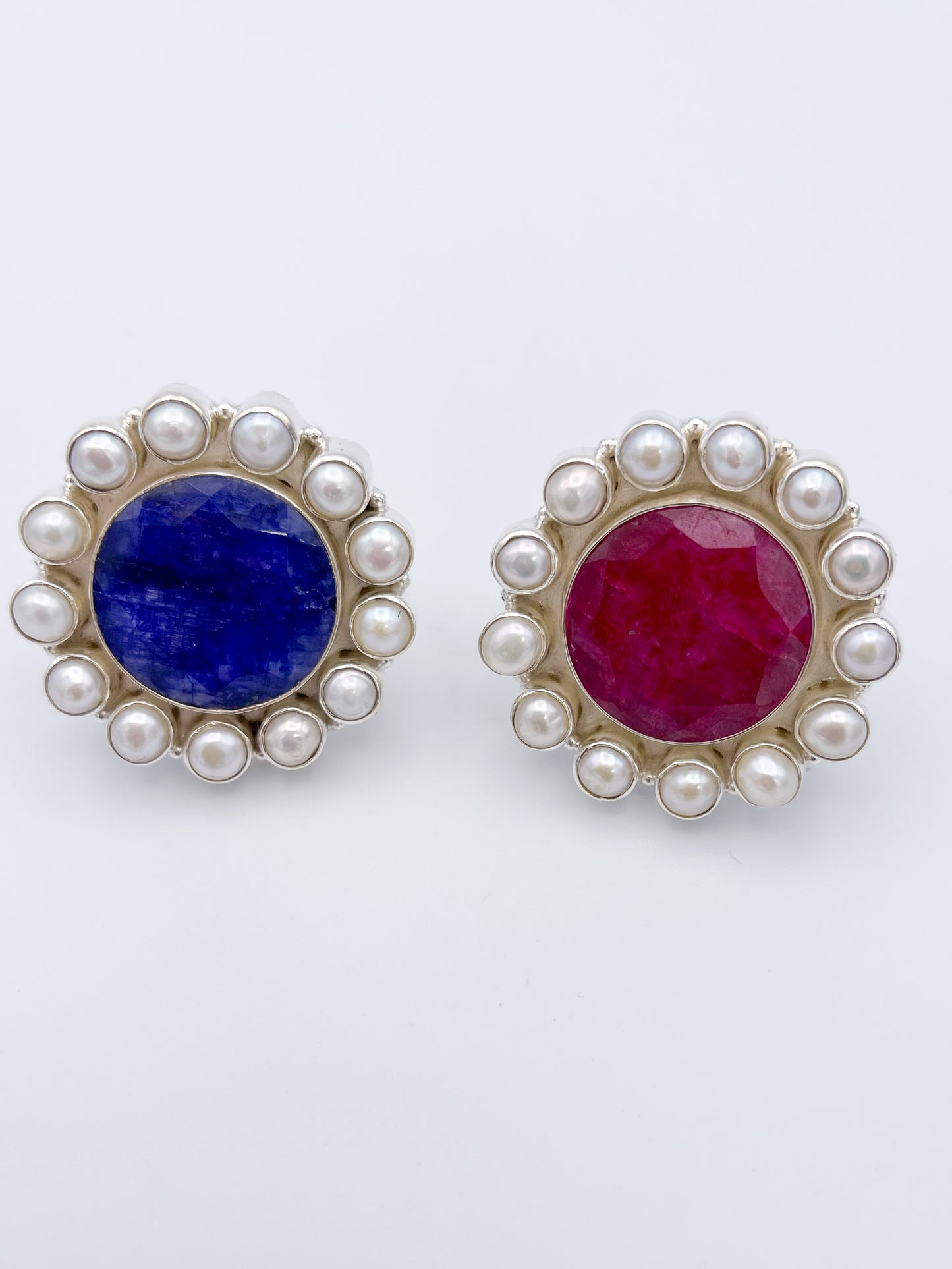 Ruby Or Sapphire Quartz & Pearl Adjustable Statement Ring-Solid Sterling Silver