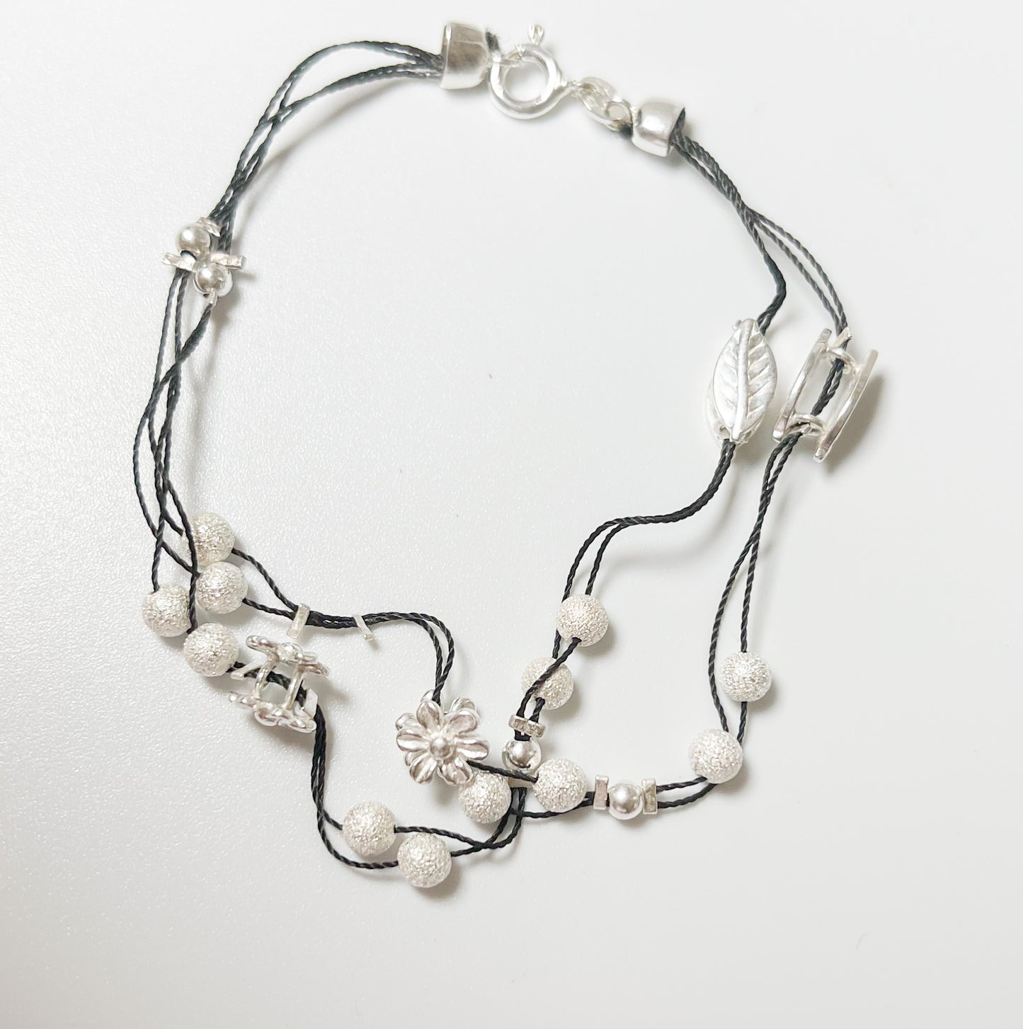 Flowers and balls Silver On A string Bracelet-Sterling silver