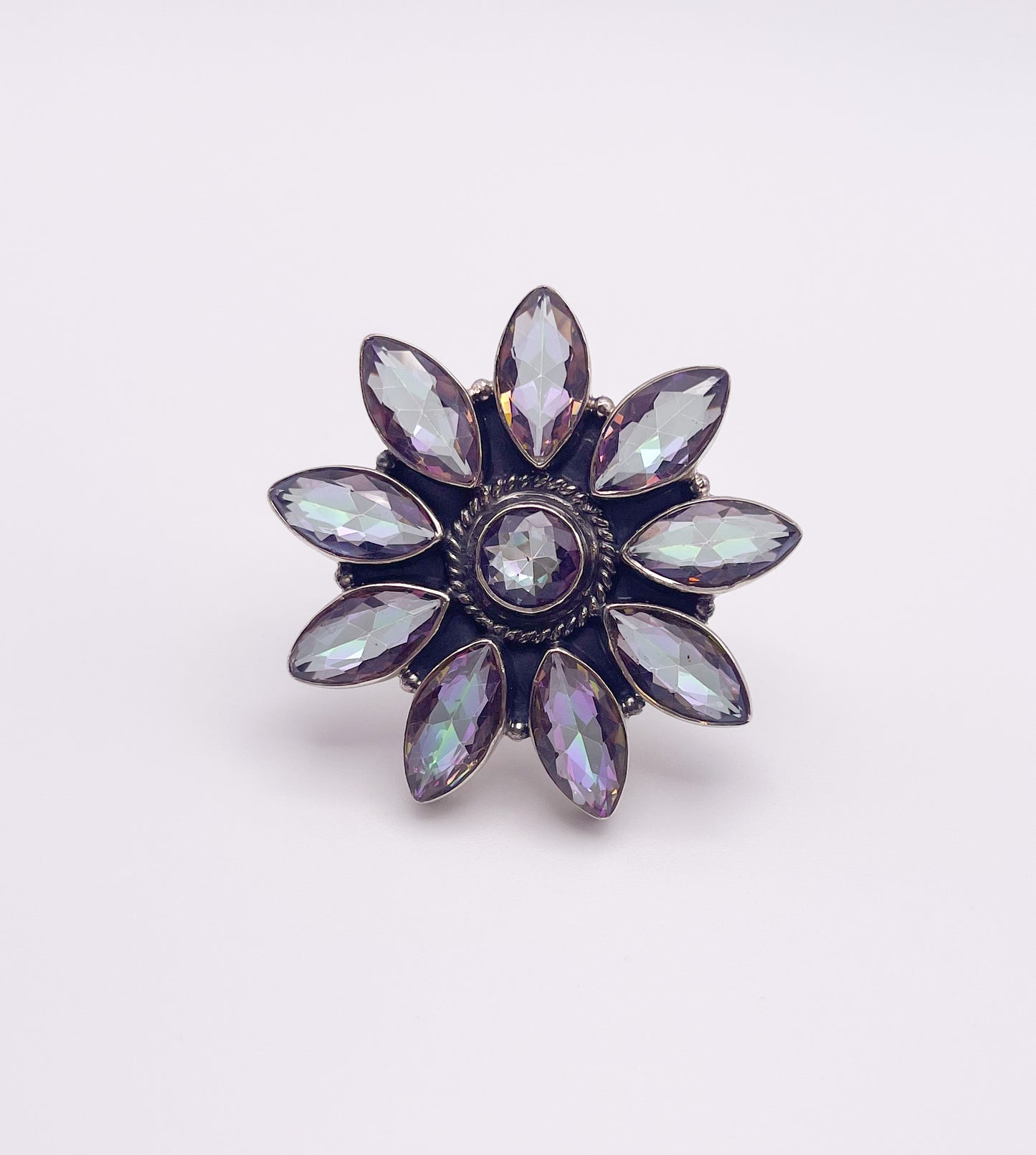 Mystic Topaz Flower Adjustable Ring-Solid Sterling Silver