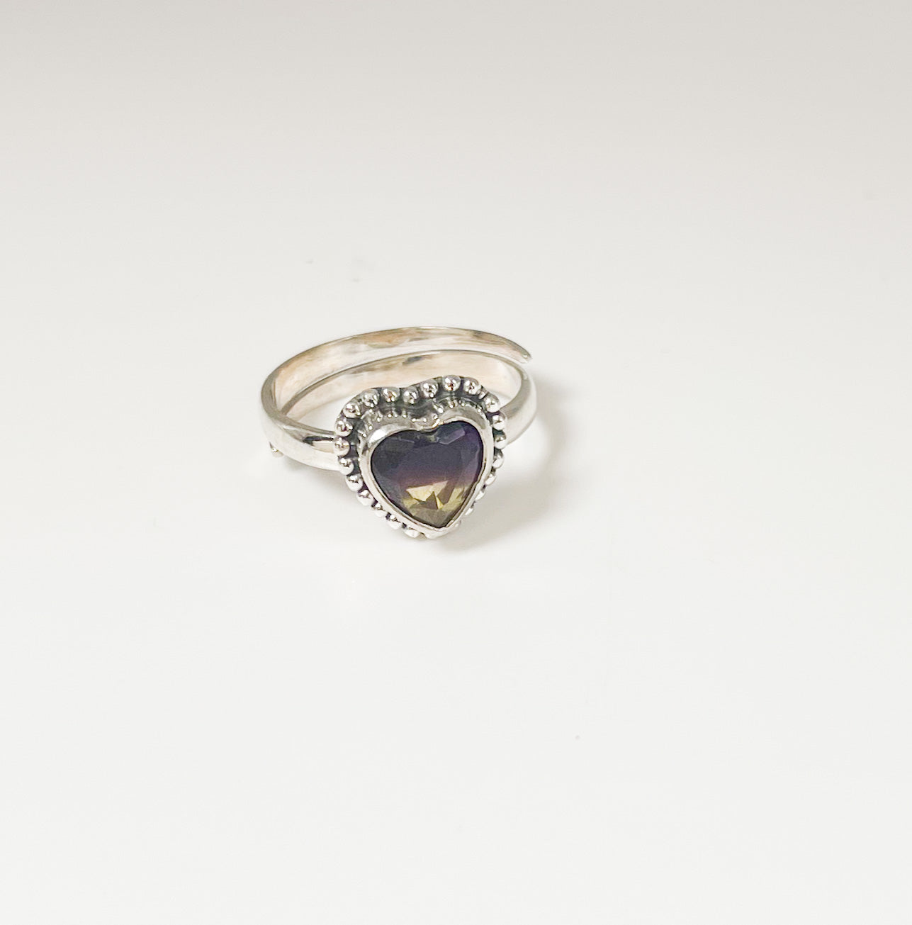 Dainty Glass Heart Adjustable Ring- Solid Sterling Silver