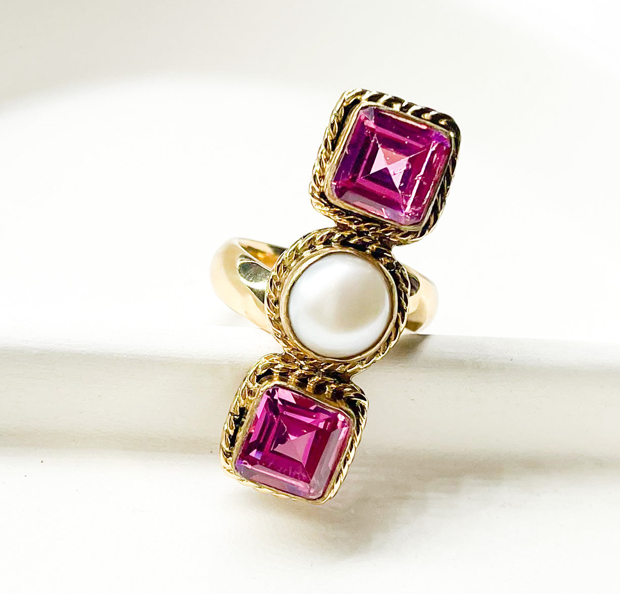 Pink Lab Sapphire and Pearl Three Stone Adjustable Crawler - Forever Gold