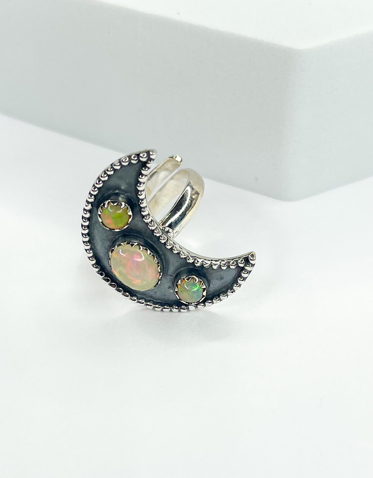 Ethiopian Opal Moon Adjustable Ring-Solid Sterling Silver