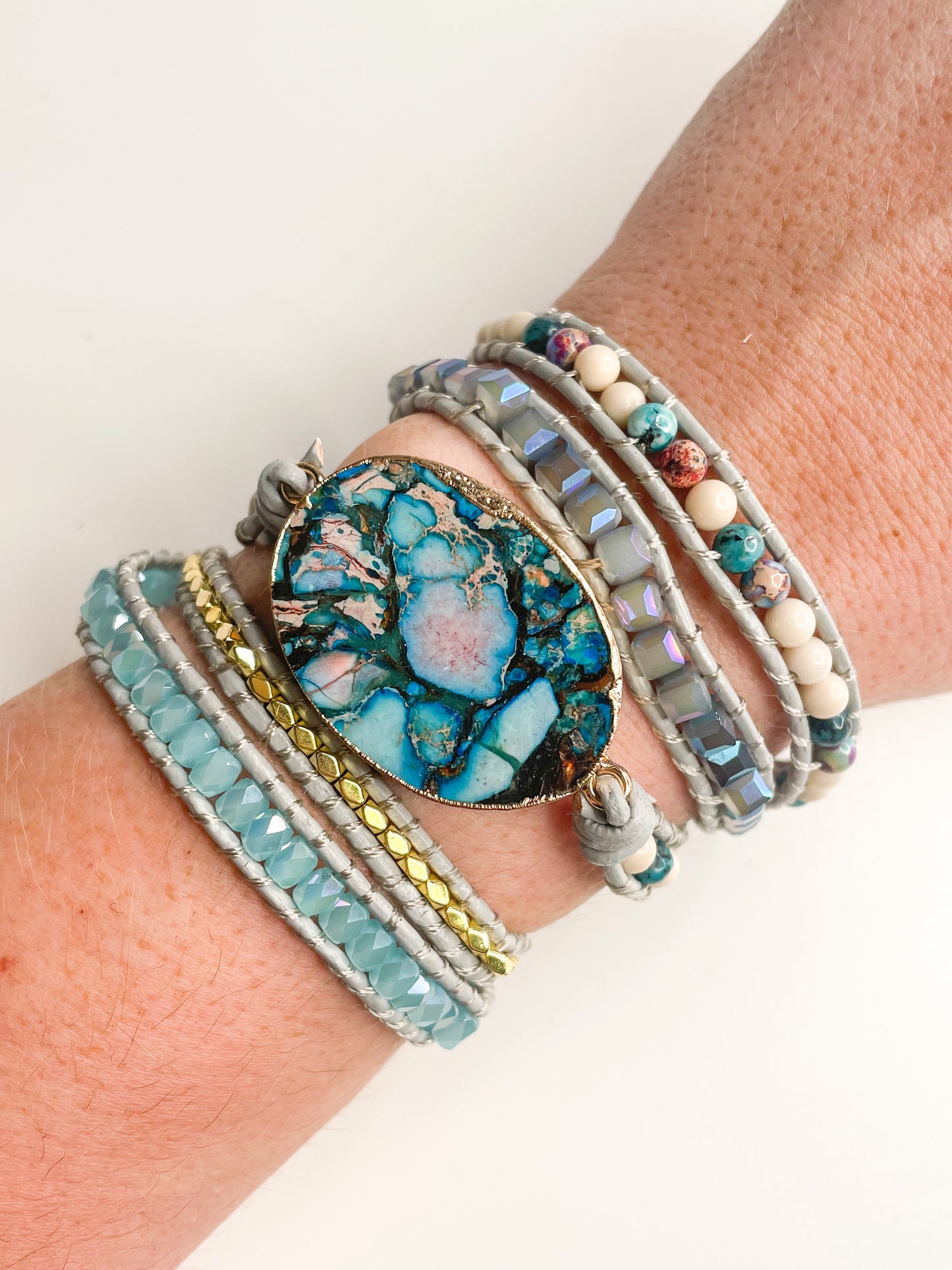 Blue Color Enhanced Jasper 5-time boho wrap - Leather