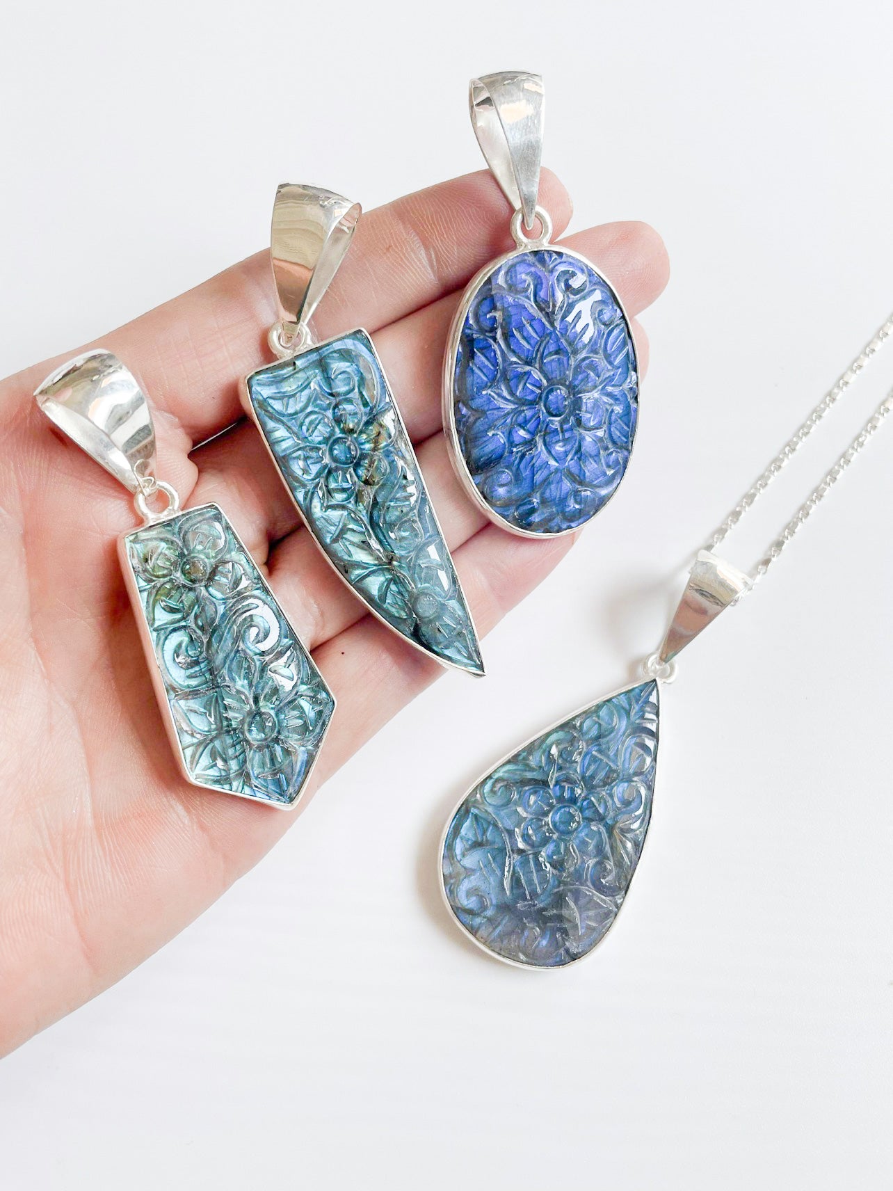 Labradorite carved Pendant-Solid Sterling Silver