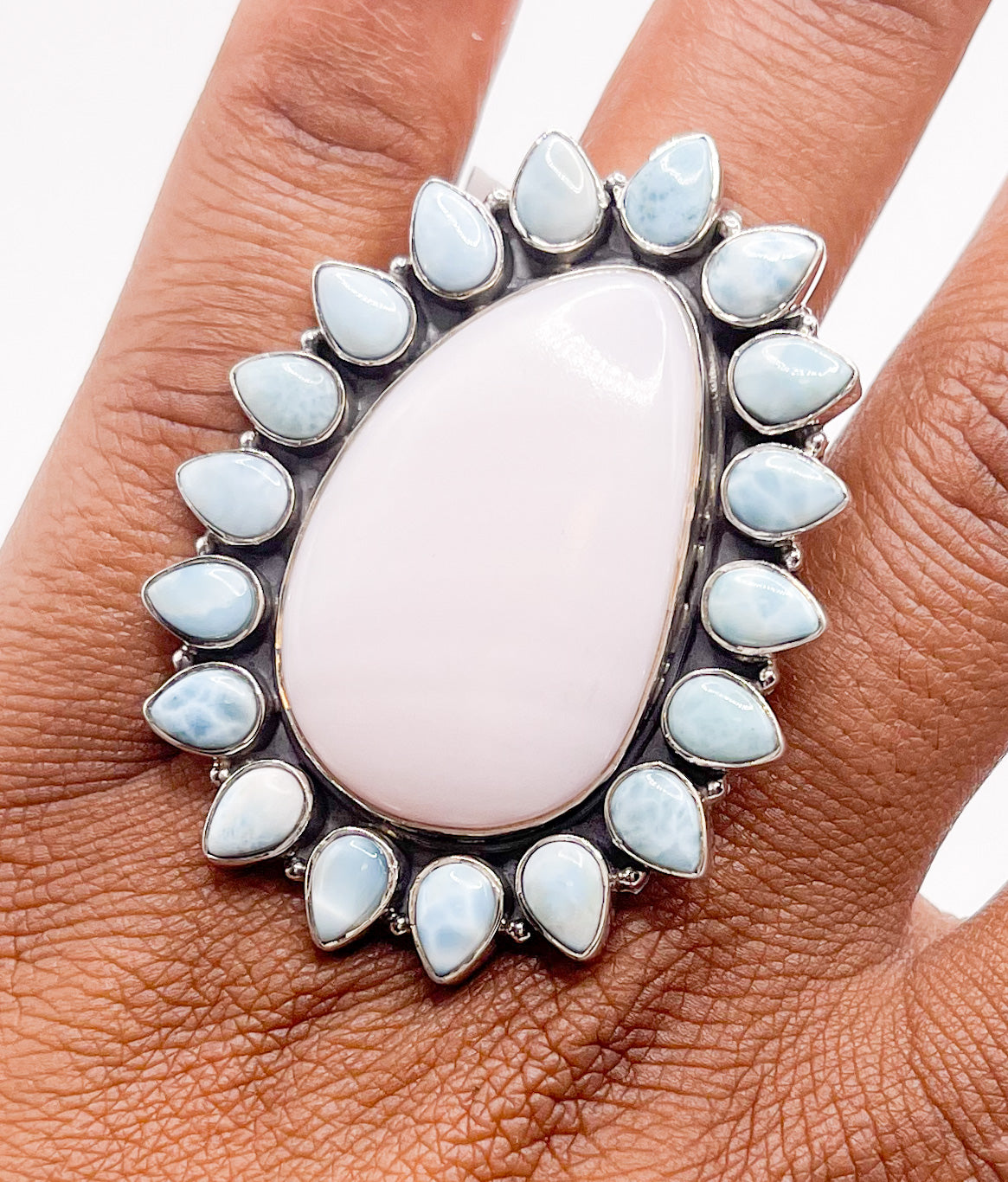 Pink Opal & Larimar Statement Ring - Solid Sterling Silver