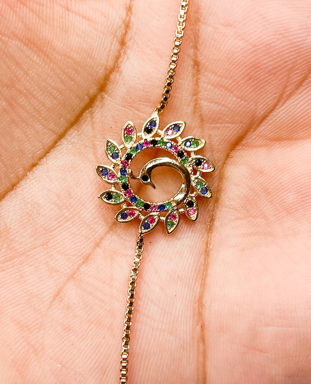 Colorful Peacock in a Circle Bolo Bracelet-18k Gold