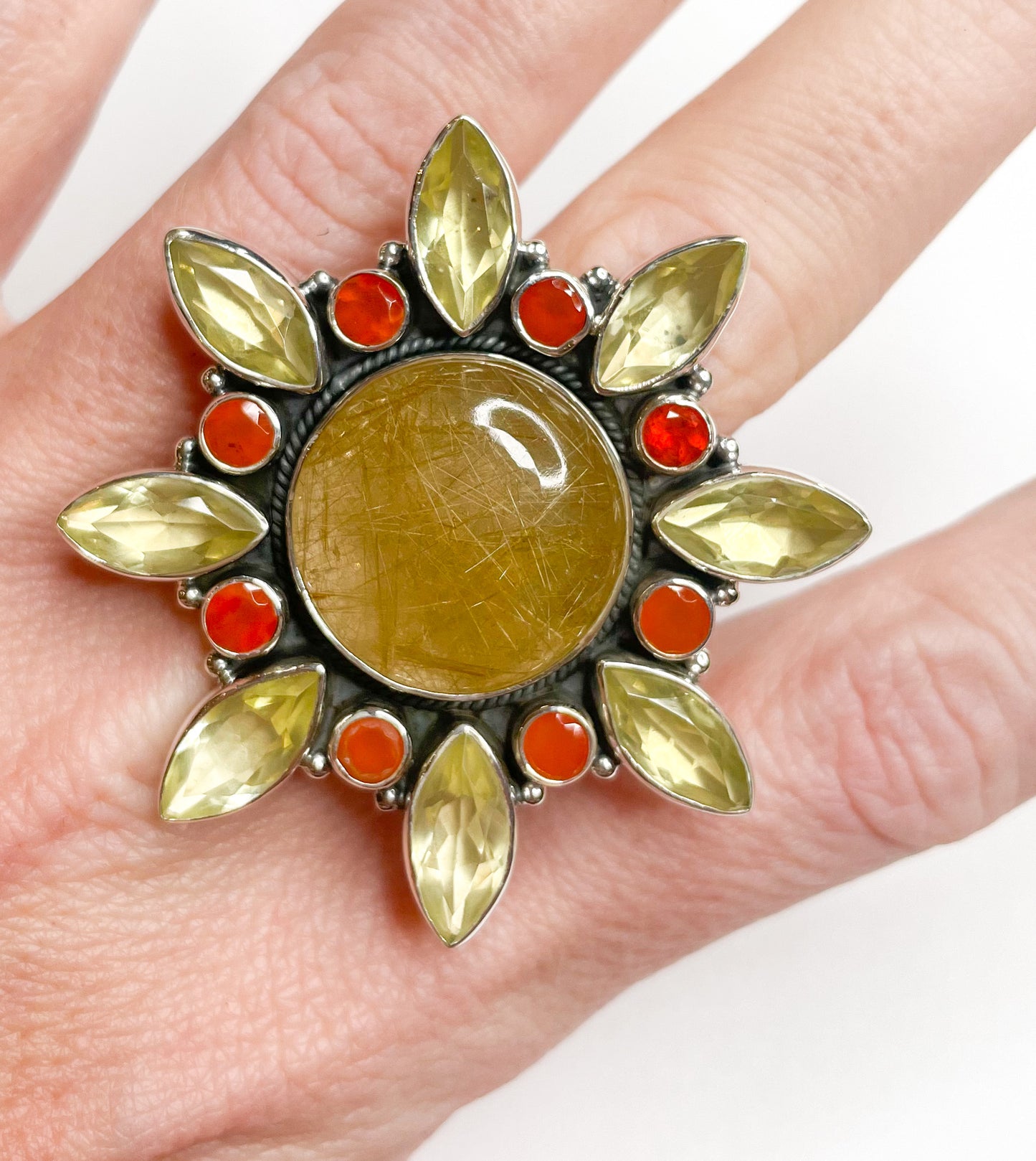 Golden Rutile And Carnilian Ring-Solid Sterling Siler