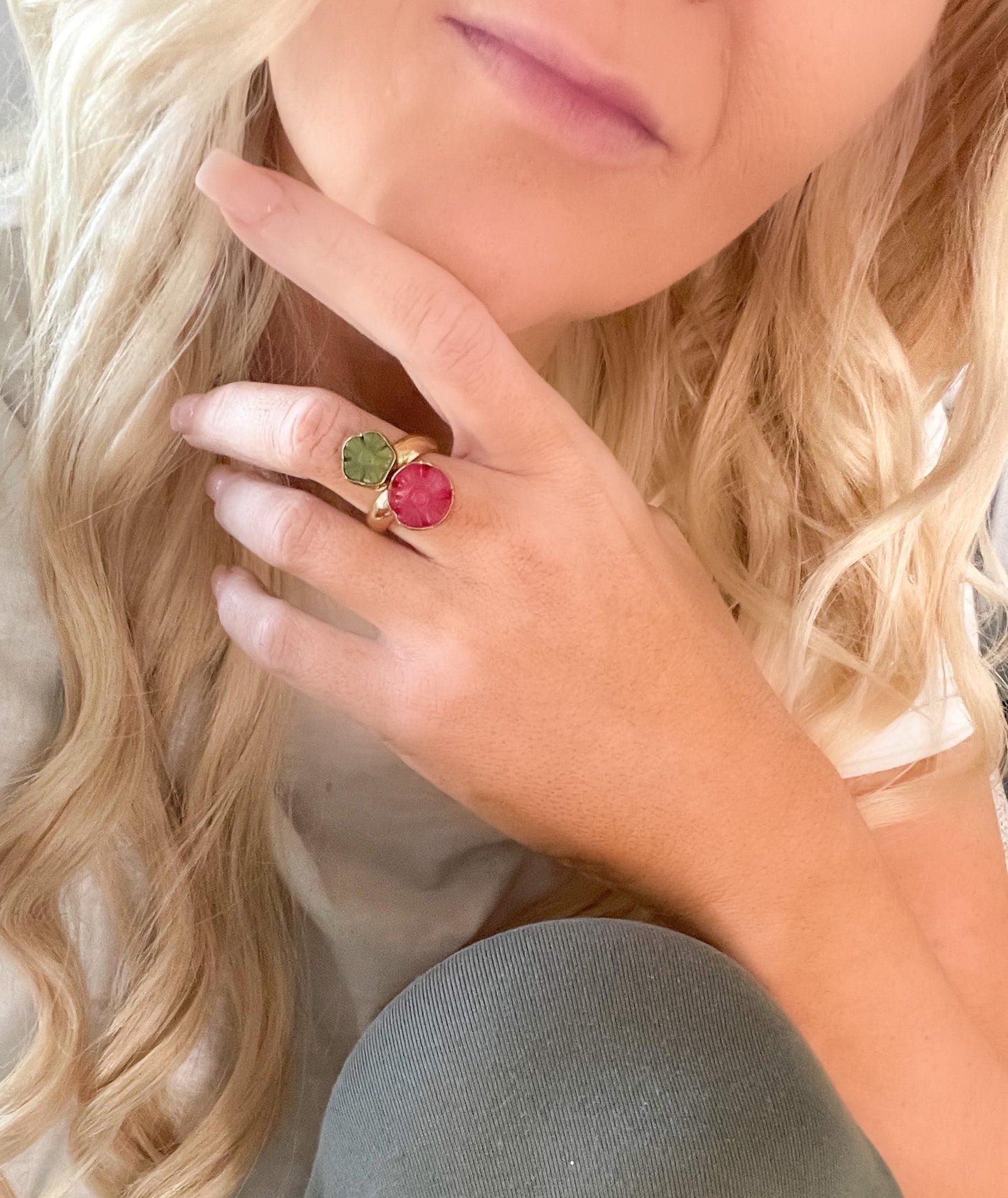 Jade Flower Bypass Adjustable Rings - Alchemia