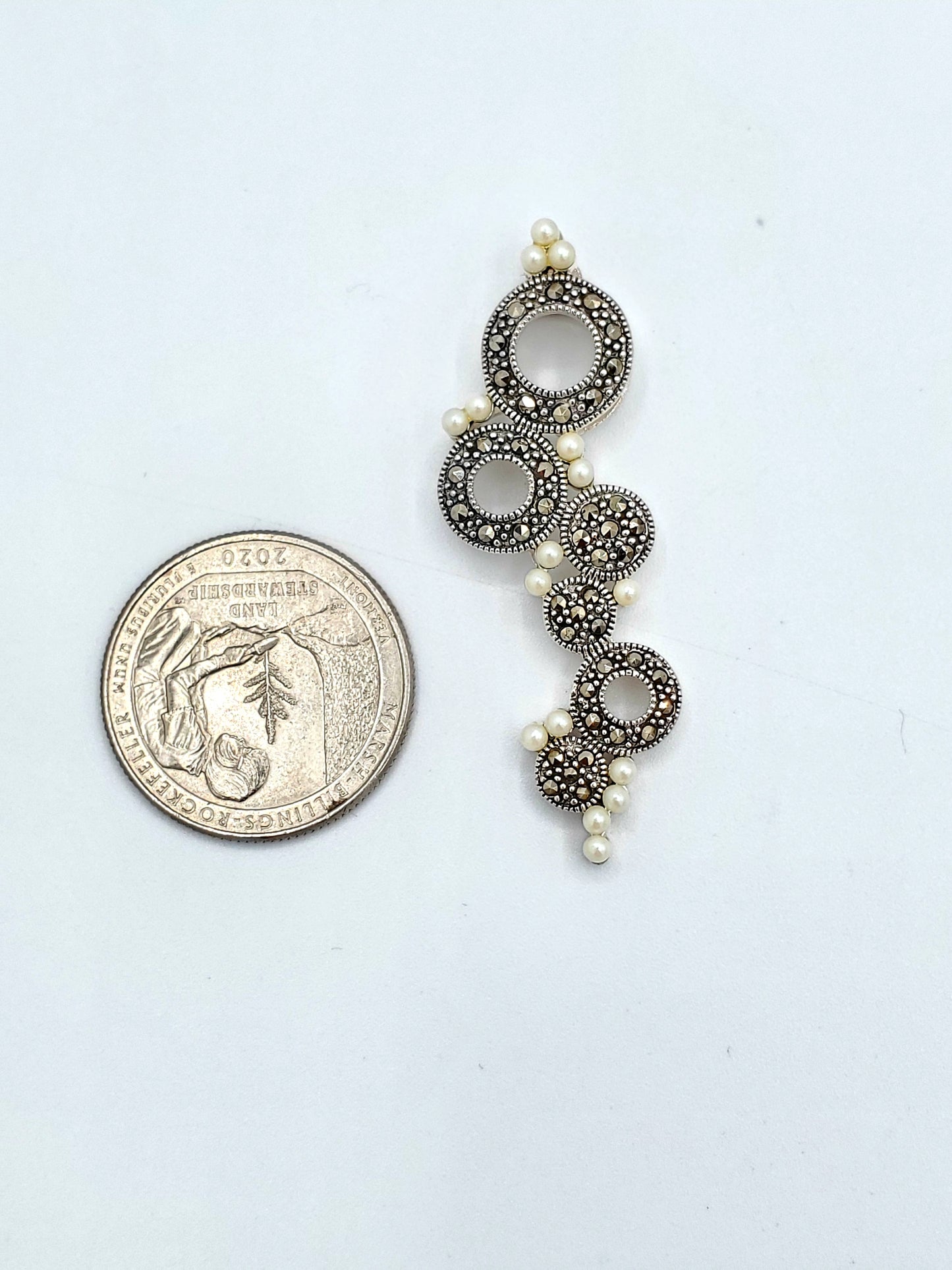 Marcacite & Fresh Water Pearl Falling Circle Pendant - Solid Sterling Silver