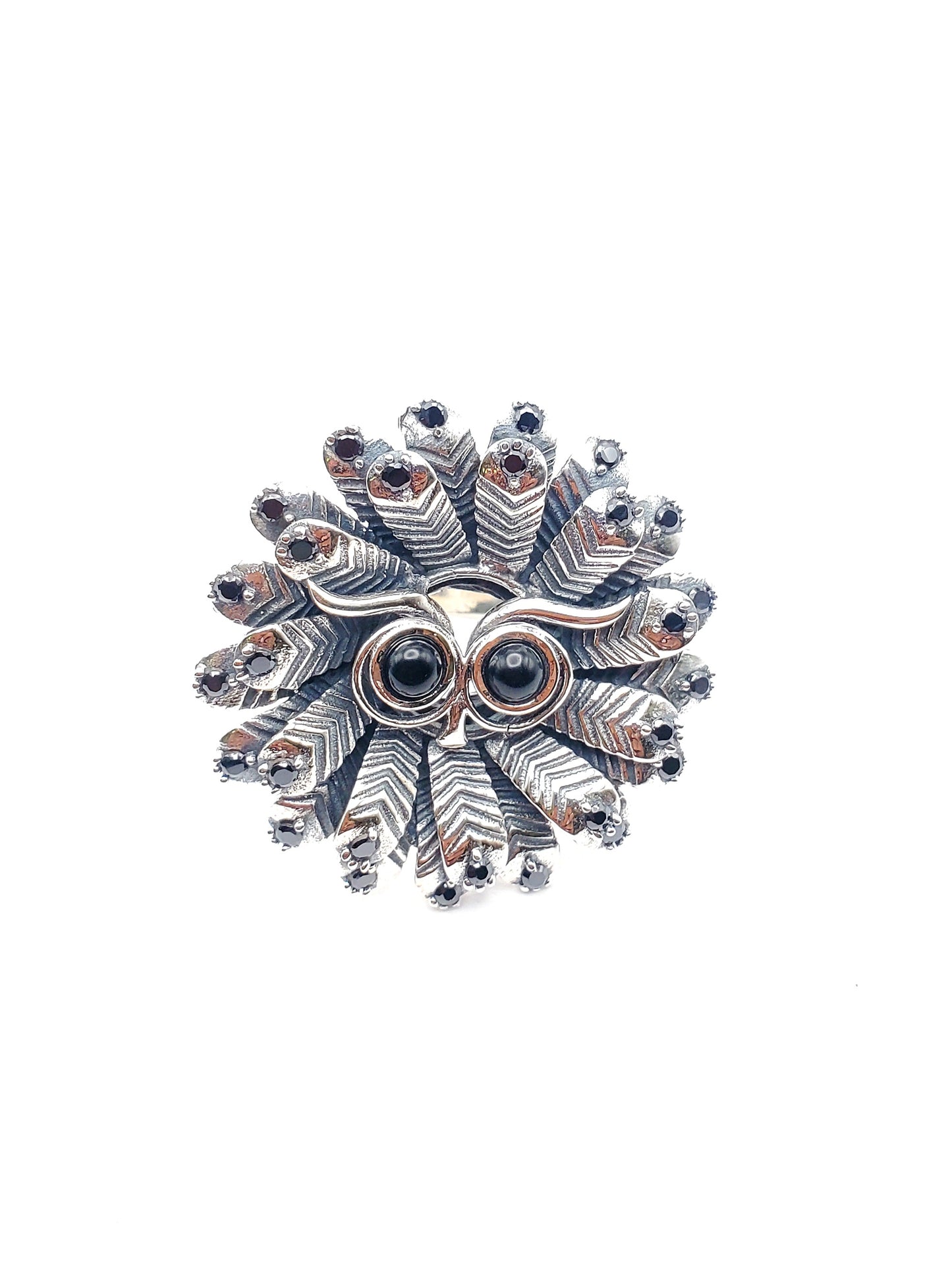 Onyx Owl Statement Ring - Solid Sterling Silver