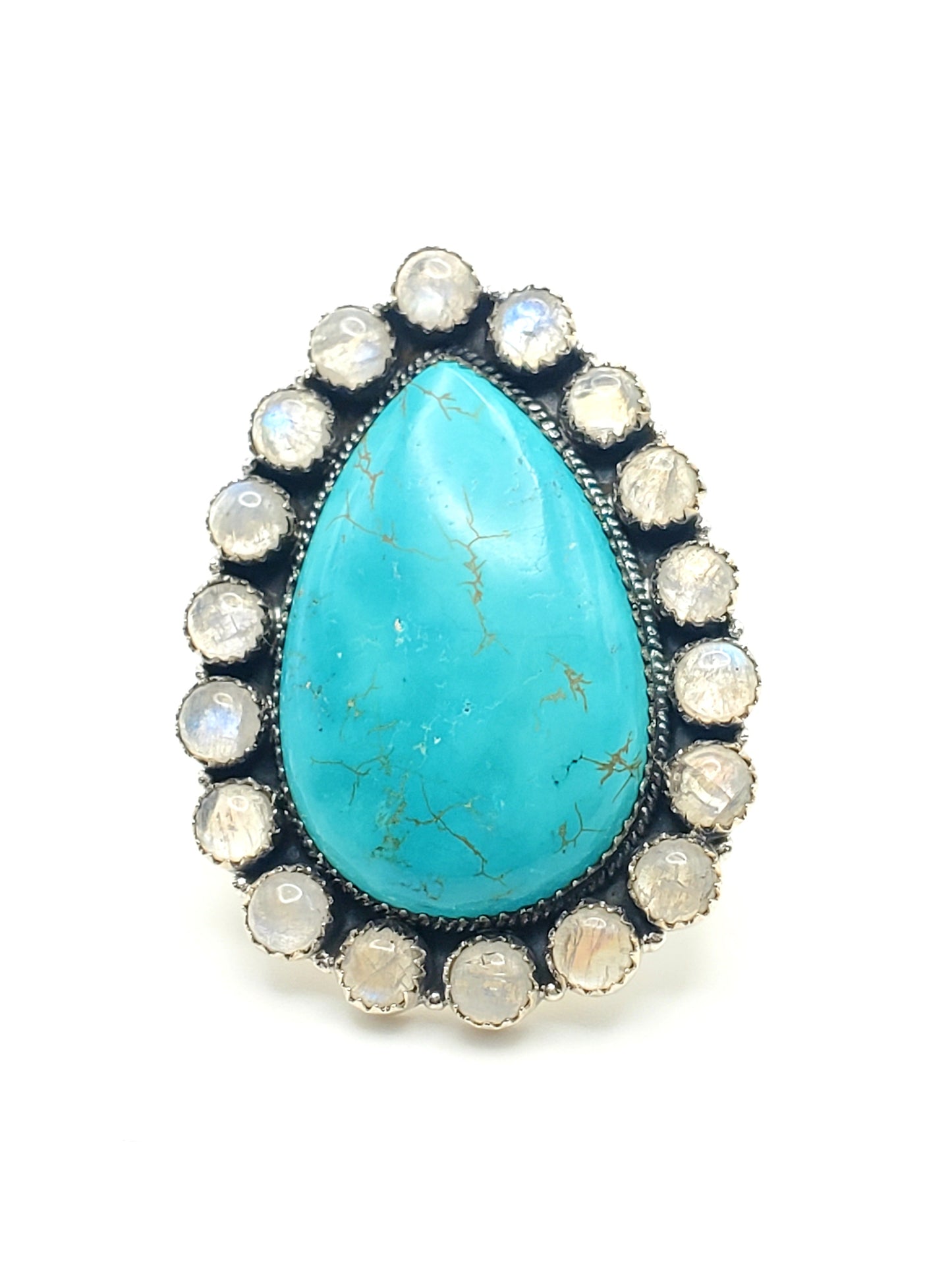 Moonstoone & Turquoise Teardrop Statement Ring - Solid Sterling Silver
