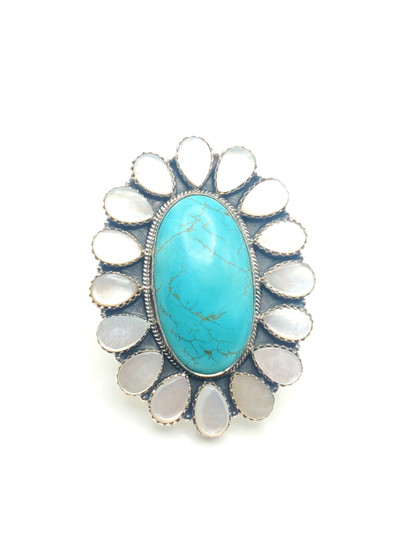 Turquoise & Mother of Pearl Oval Statement Ring - Solid Sterling Silver