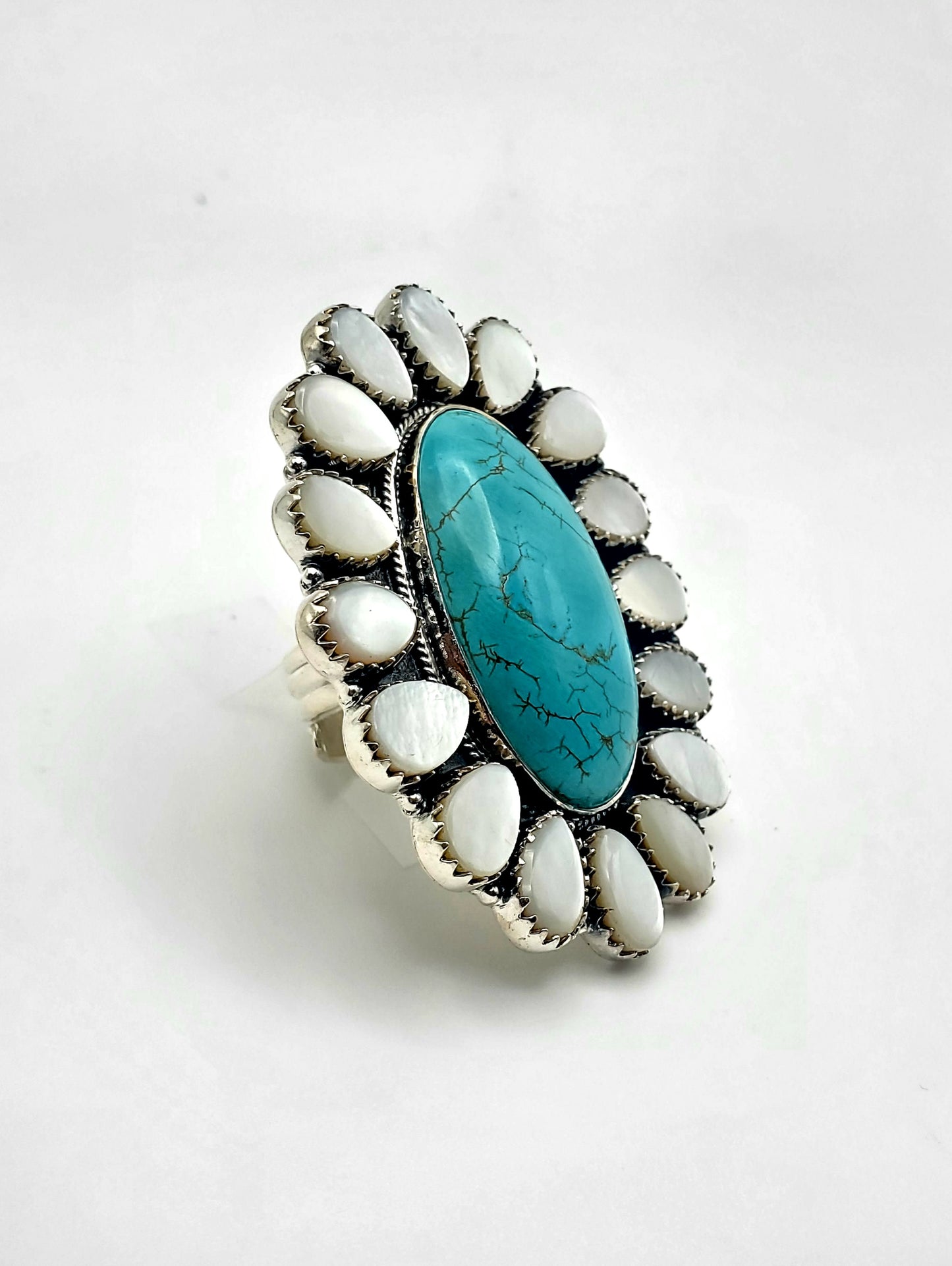 Turquoise & Mother of Pearl Oval Statement Ring - Solid Sterling Silver