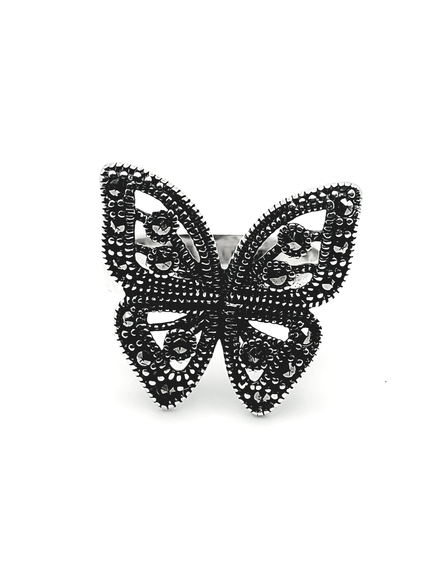 Shiny Marcasite Butterfly Sized Ring- Solid Sterling Silver