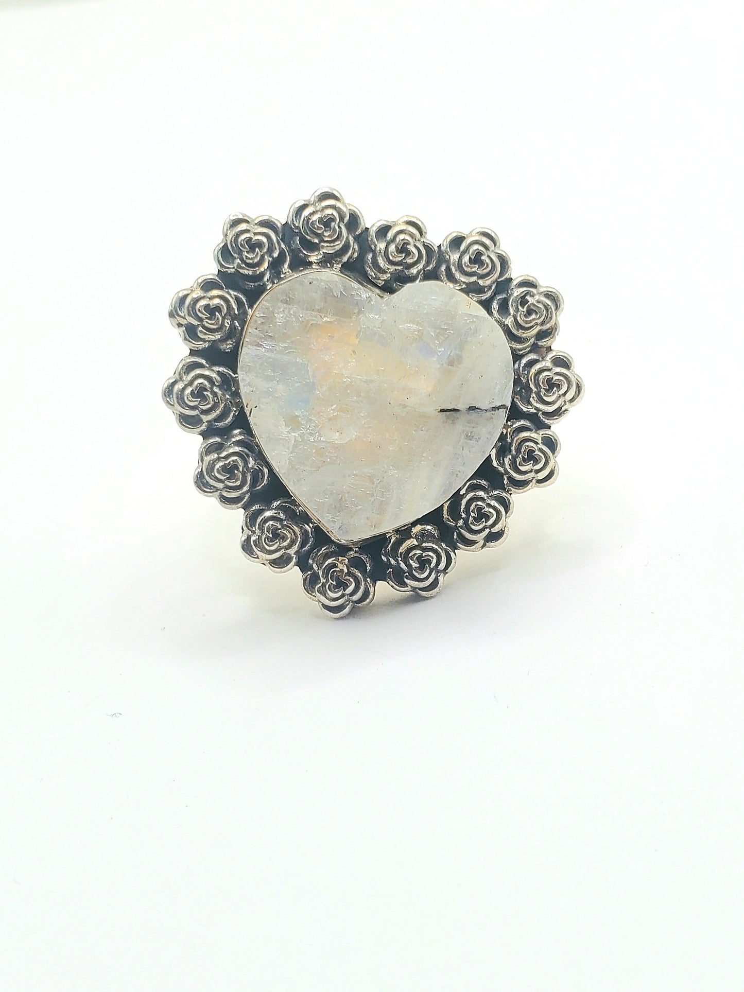 Raw Moonstone Heart and Flowers Ring - Solid Sterling Silver