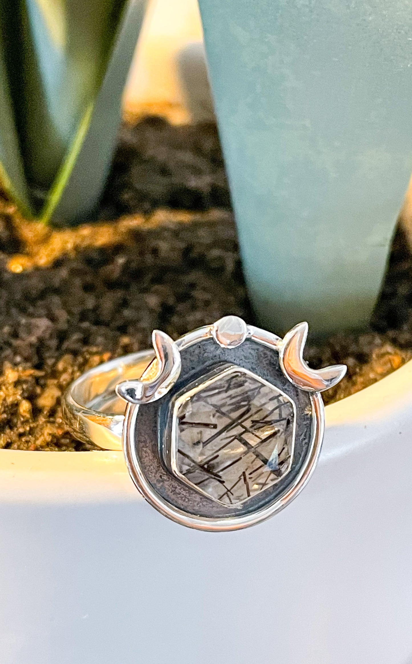 Black Rutile Quartz Ring - Solid Sterling Silver