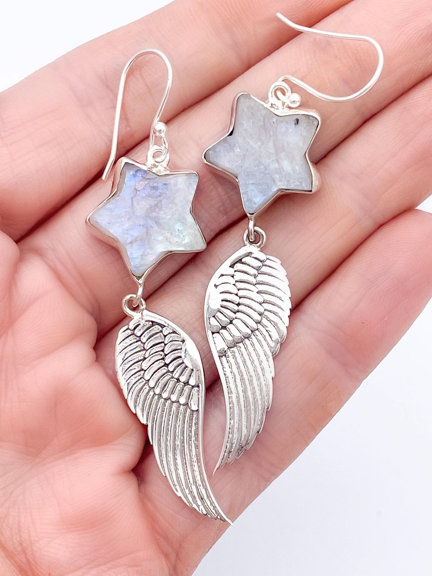 Moon Stone Star W Wings Dangles-Solid Sterling Silver