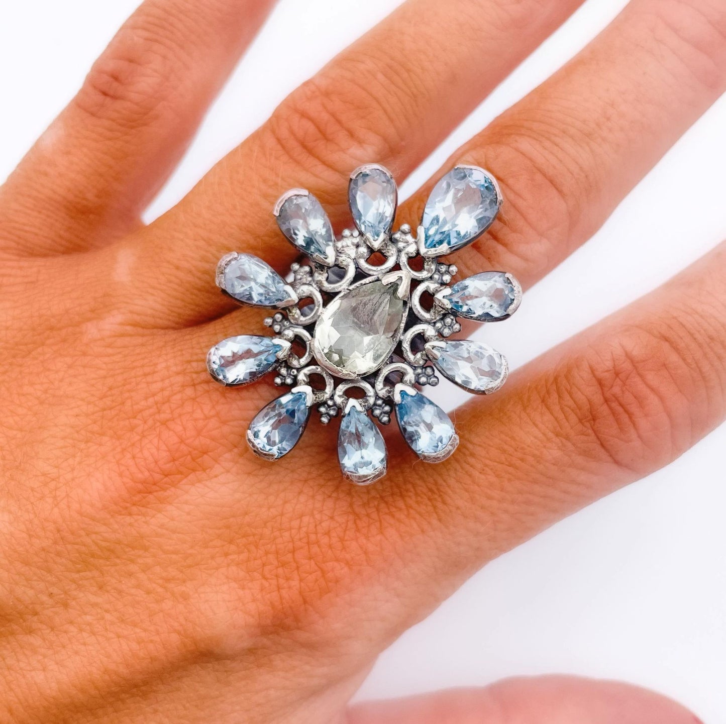 Blue Topaz and Green Amethyst Ring-Solid Sterling Silver