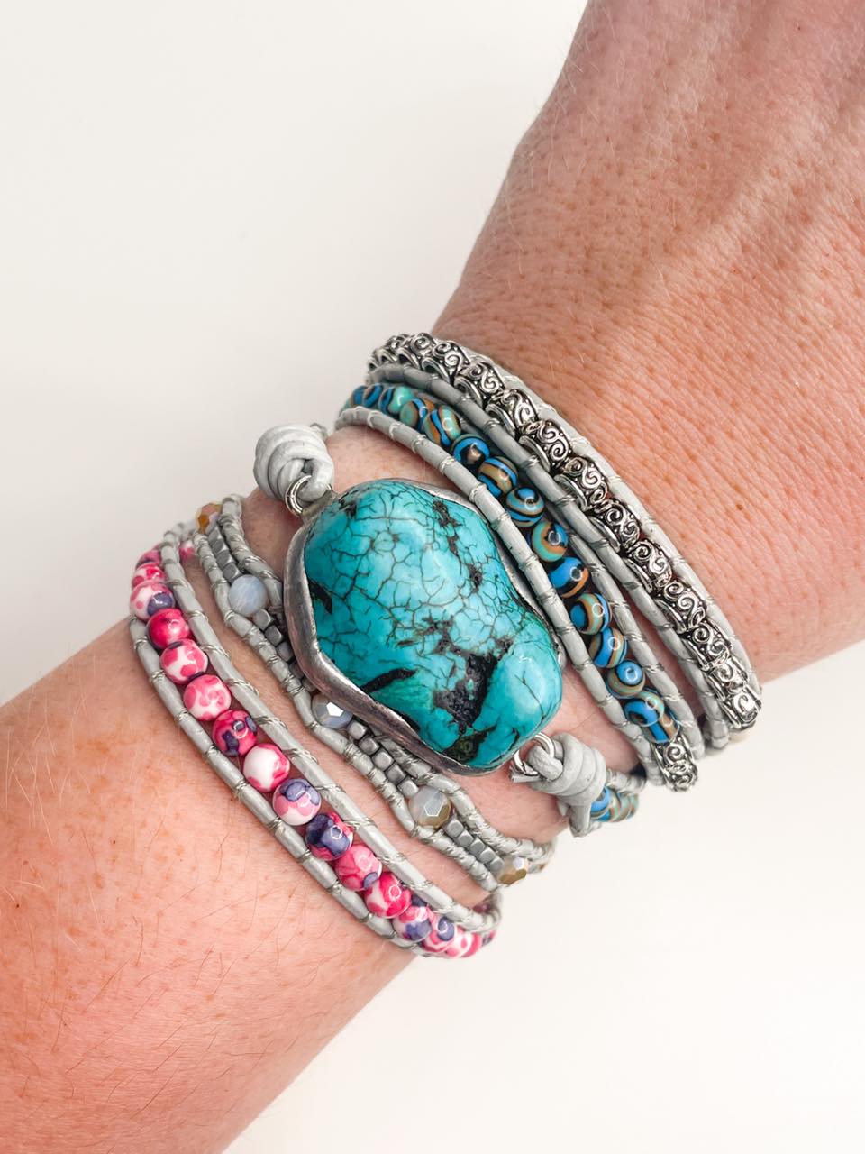 Chunky Turquoise 5-time boho wrap - Leather