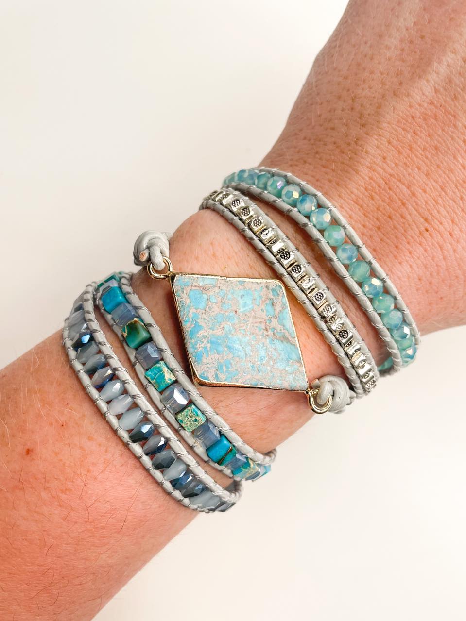 Diamond Blue Jasper 5-time boho wrap - Leather