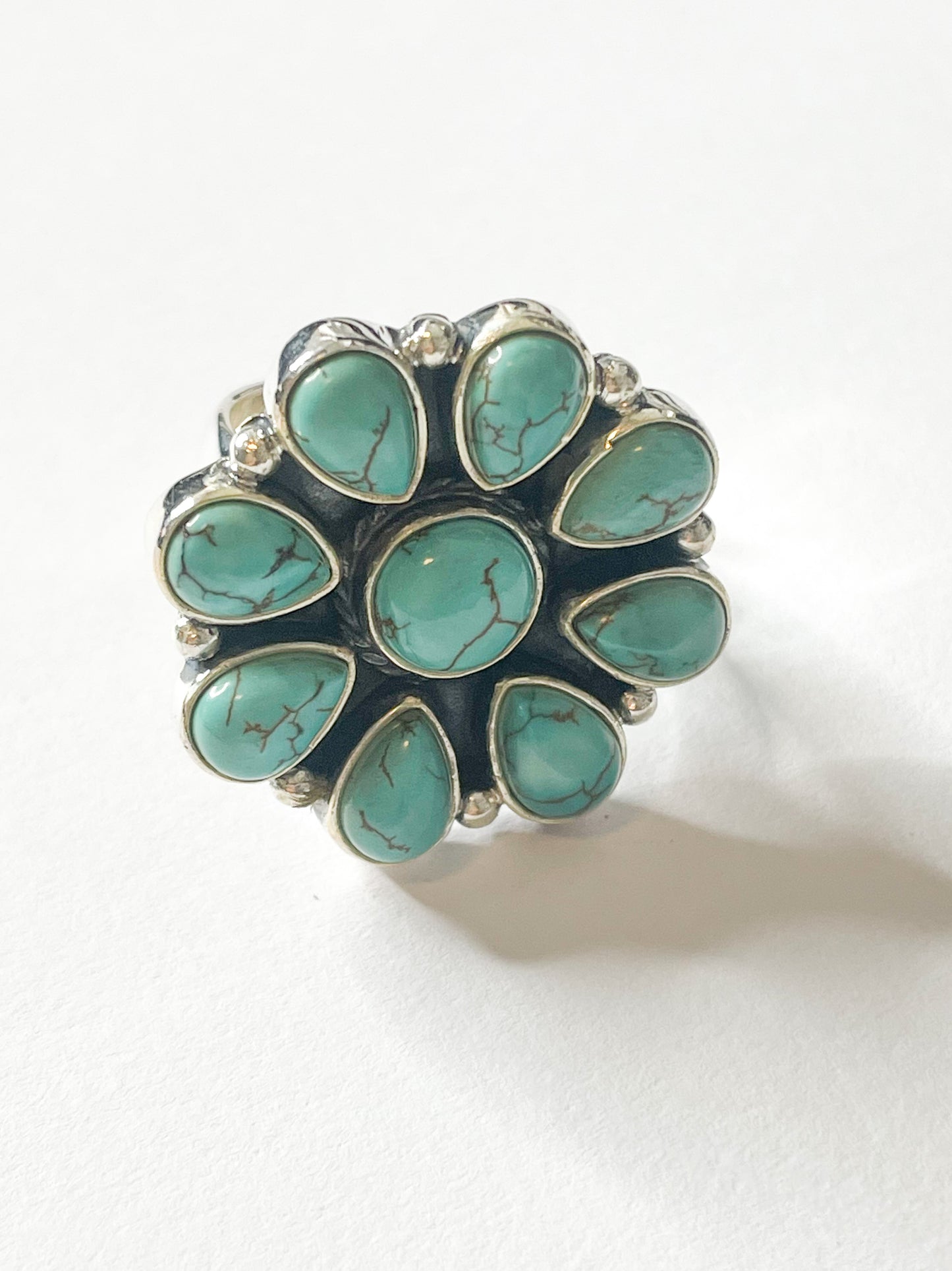 Turquoise Flower Ring - Solid Sterling Silver