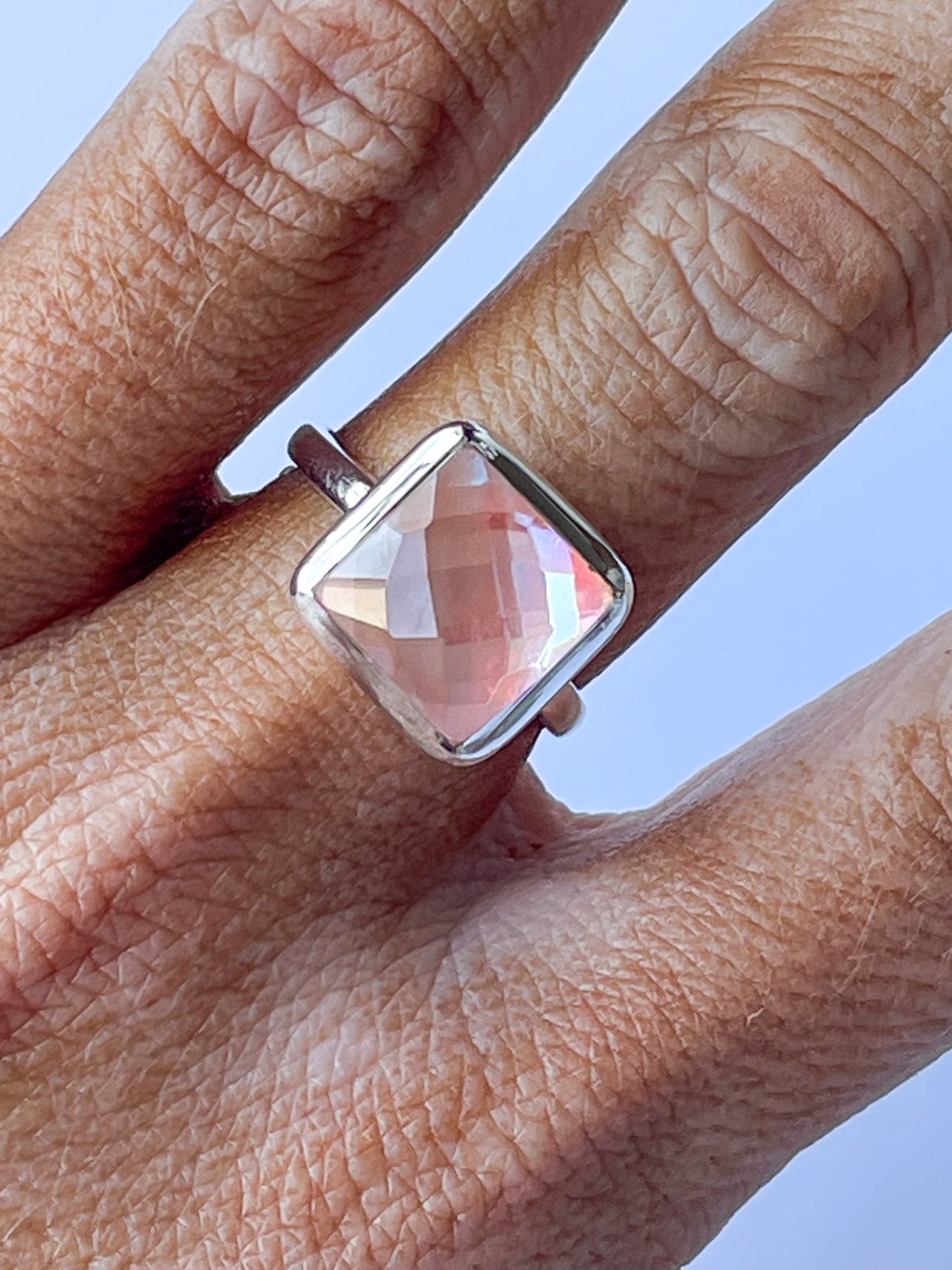 Light Pink Mystical Glass Square Ring - Solid Sterling Silver