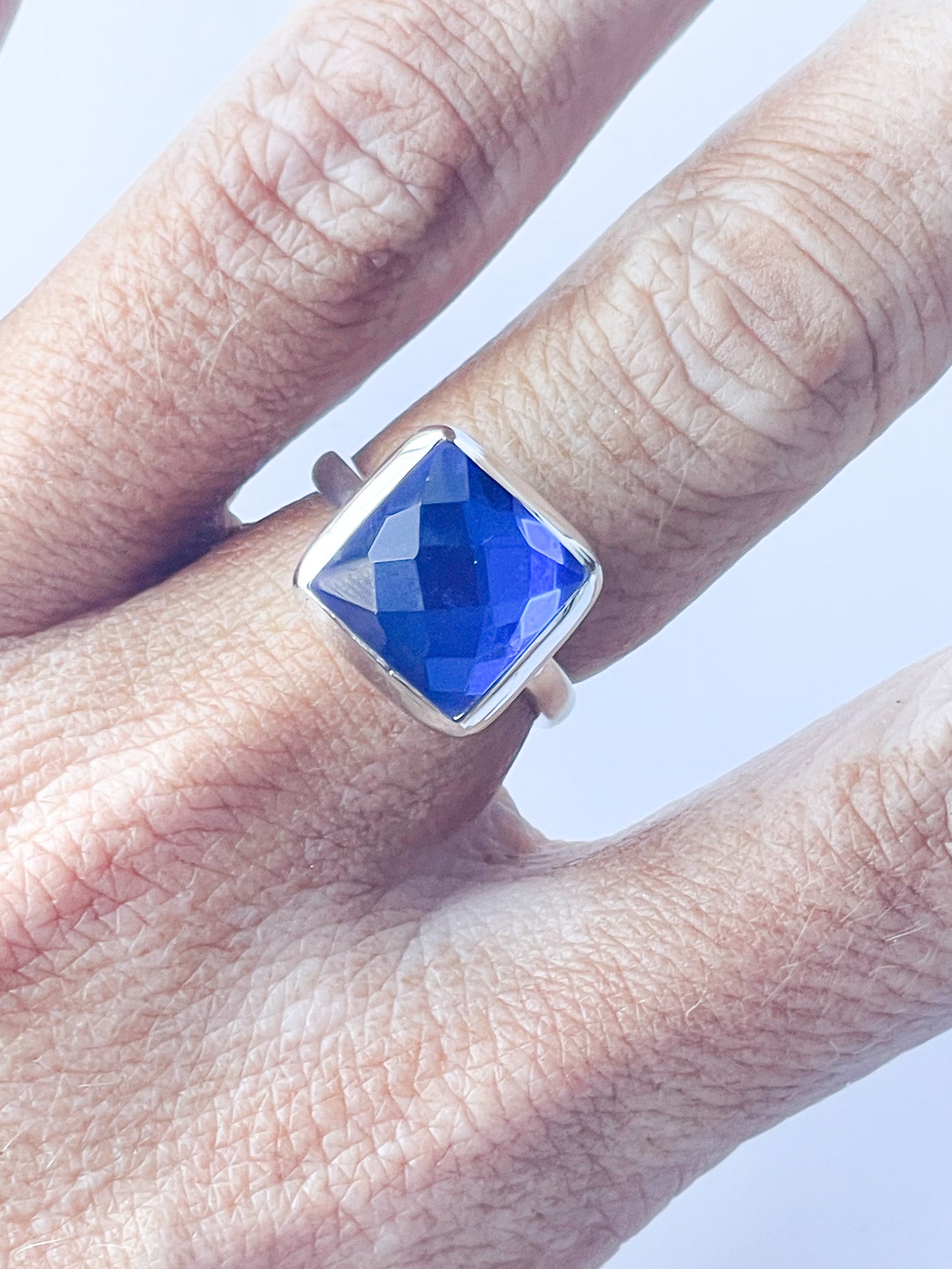 Blue Aqua Mystical Glass Square Ring - Solid Sterling Silver
