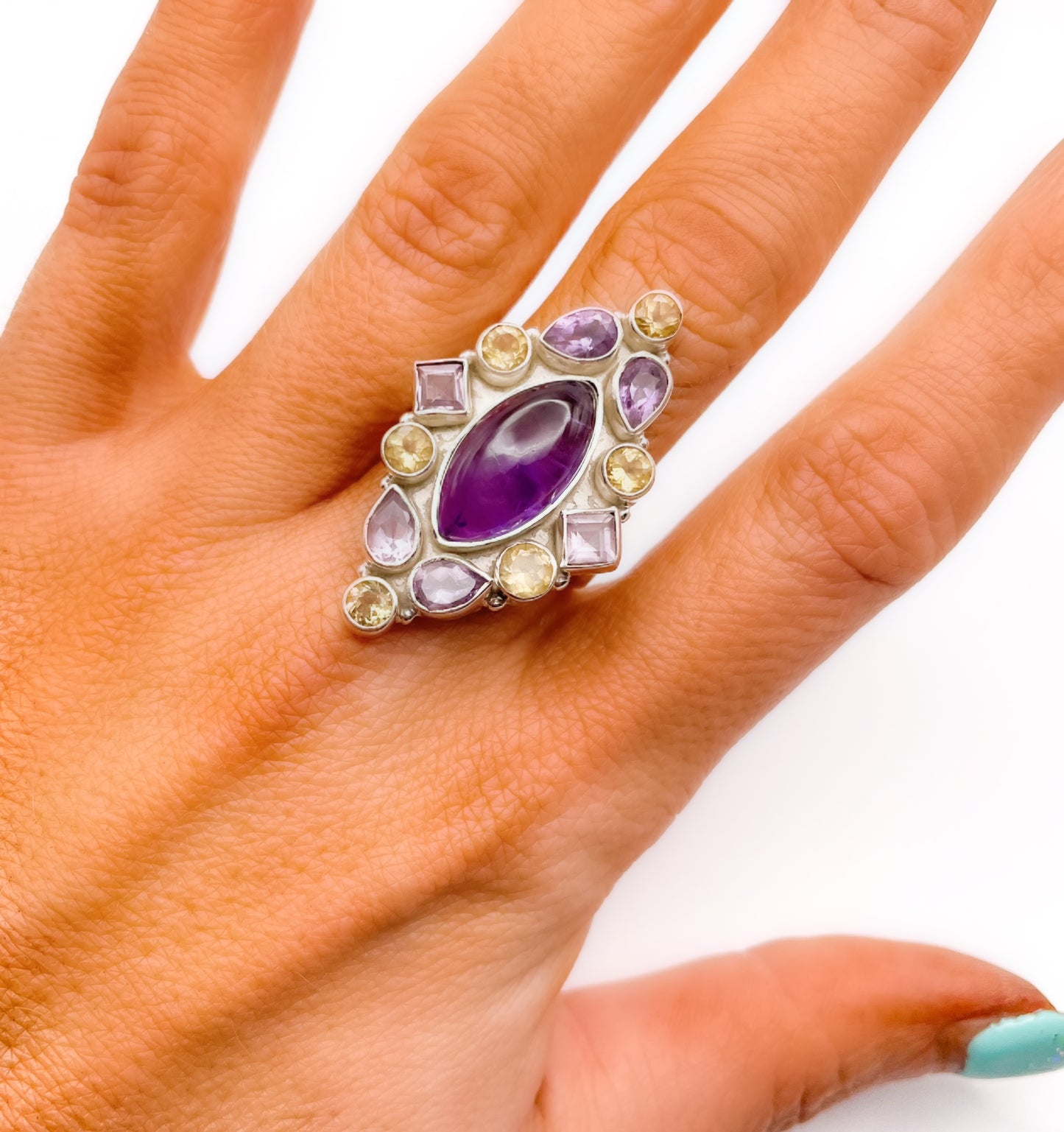 Diamond Amethyst & Citrine Ring- Solid Sterling Silver