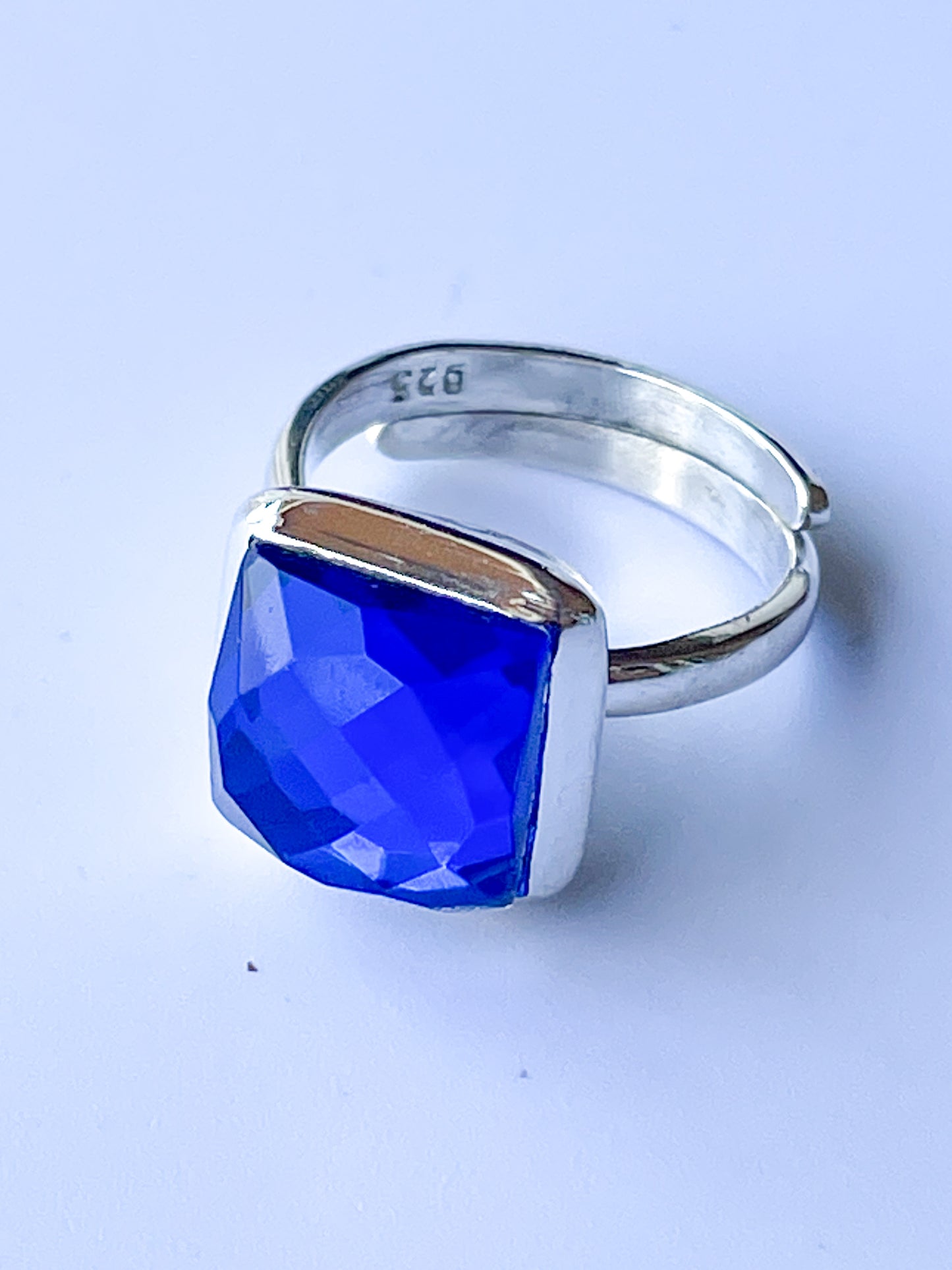 Blue Aqua Mystical Glass Square Ring - Solid Sterling Silver