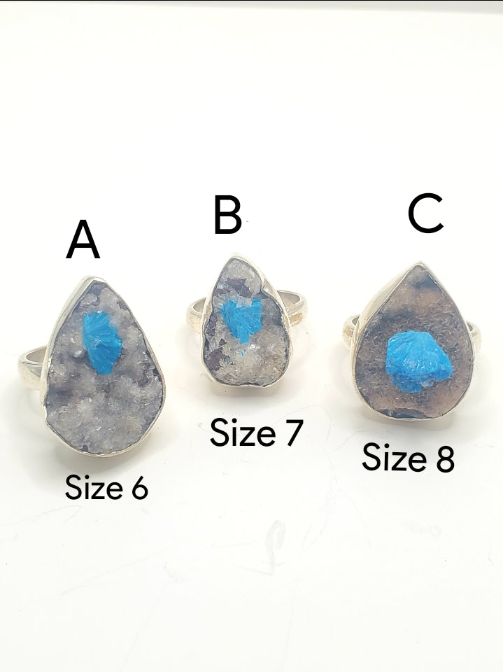 Cavansite Crystal Sized Ring- Solid Sterling Silver