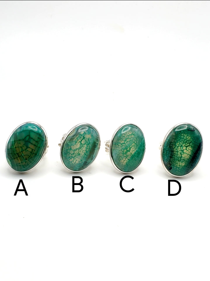 Green Oval Dragon Stone Adjustable Ring - Solid Sterling Silver