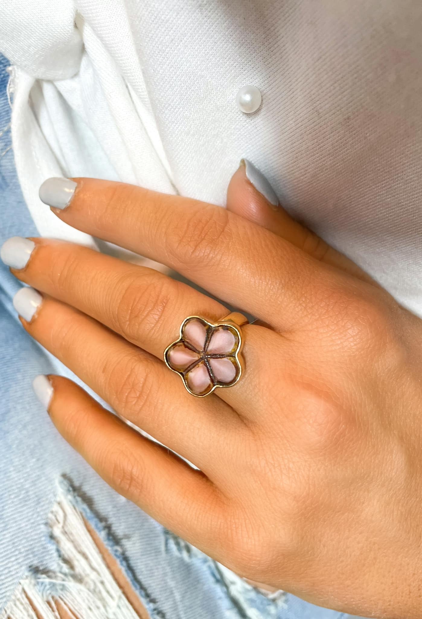 Pink Glass Flower Adjustable Ring - Alchemia