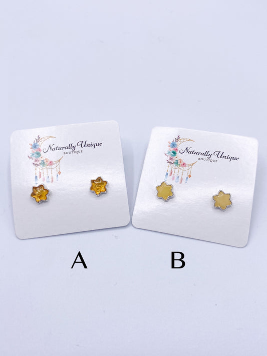Amber Flower Stud Post Earrings - Solid Sterling Silver