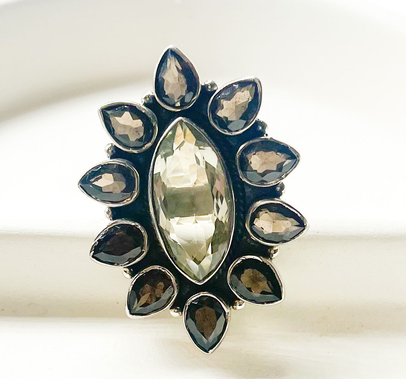 Green Amethyst And Smokey Quartz Ring-Solid Sterling Silver