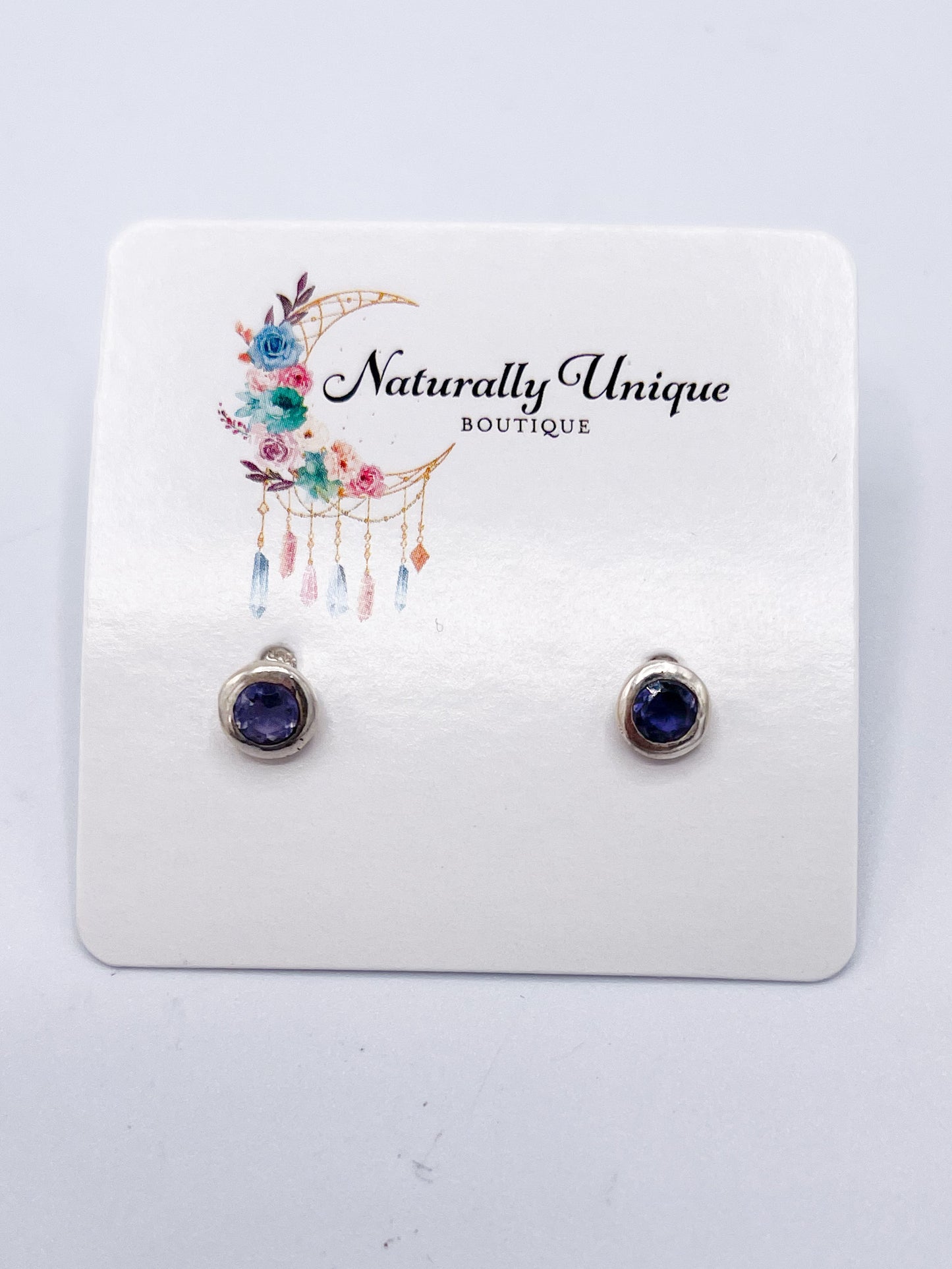 Iolite Boho Chic Stone Studs - Solid Sterling Silver
