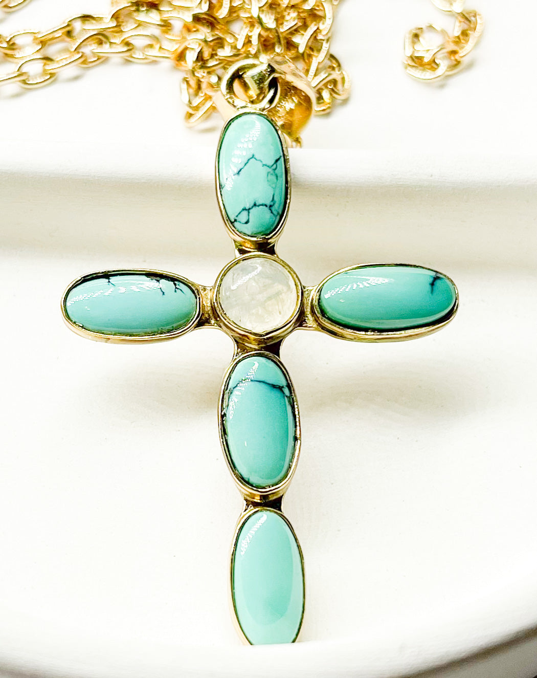 Turquoise & Moonstone Cross Pendent-Forever Gold