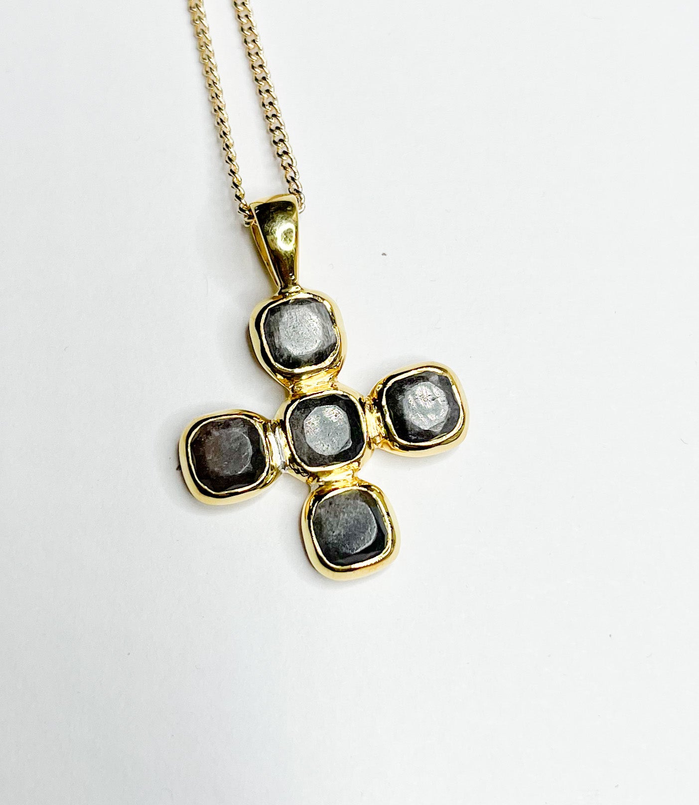 Sheen Obsidian Cross Pendant-18k Plate/Silver