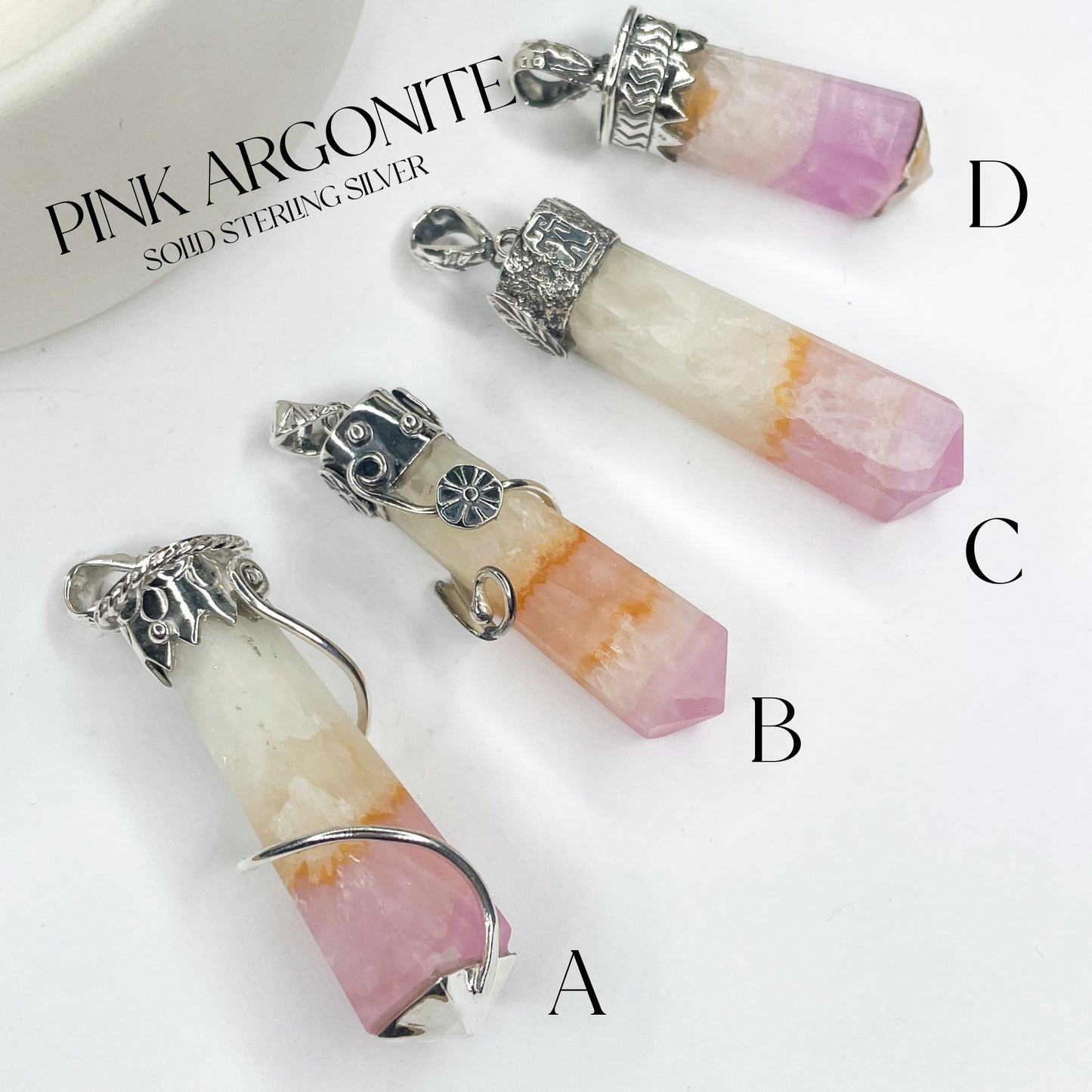 Pink Aragonite Point Pendant - Solid Sterling Silver
