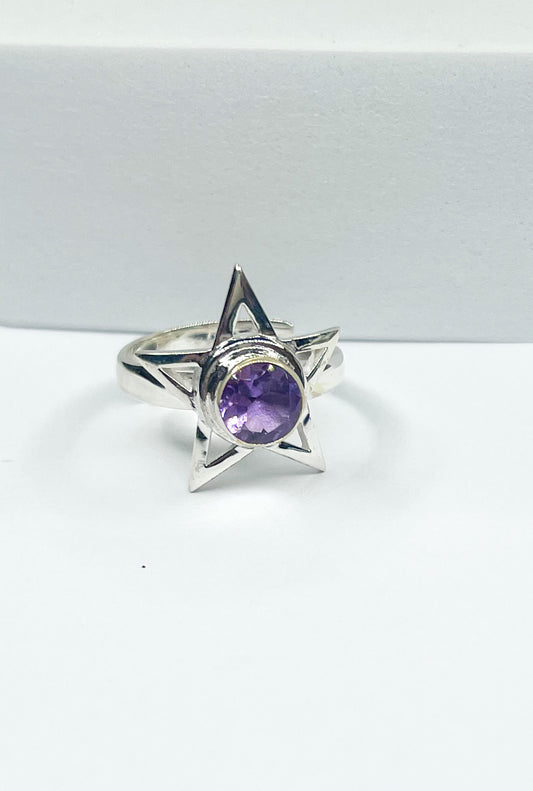 Amethyst Star Adjustable Ring-Solid Sterling Silver