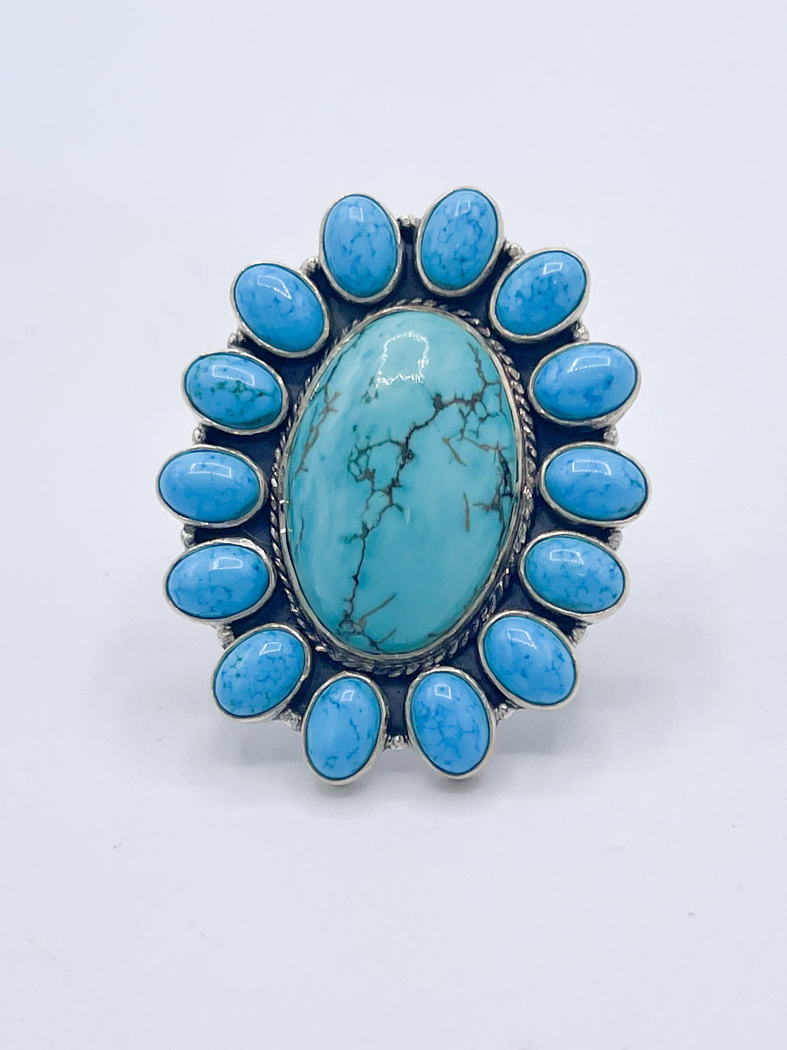 Turquoise Flower adjustable Ring- Solid Sterling Silver