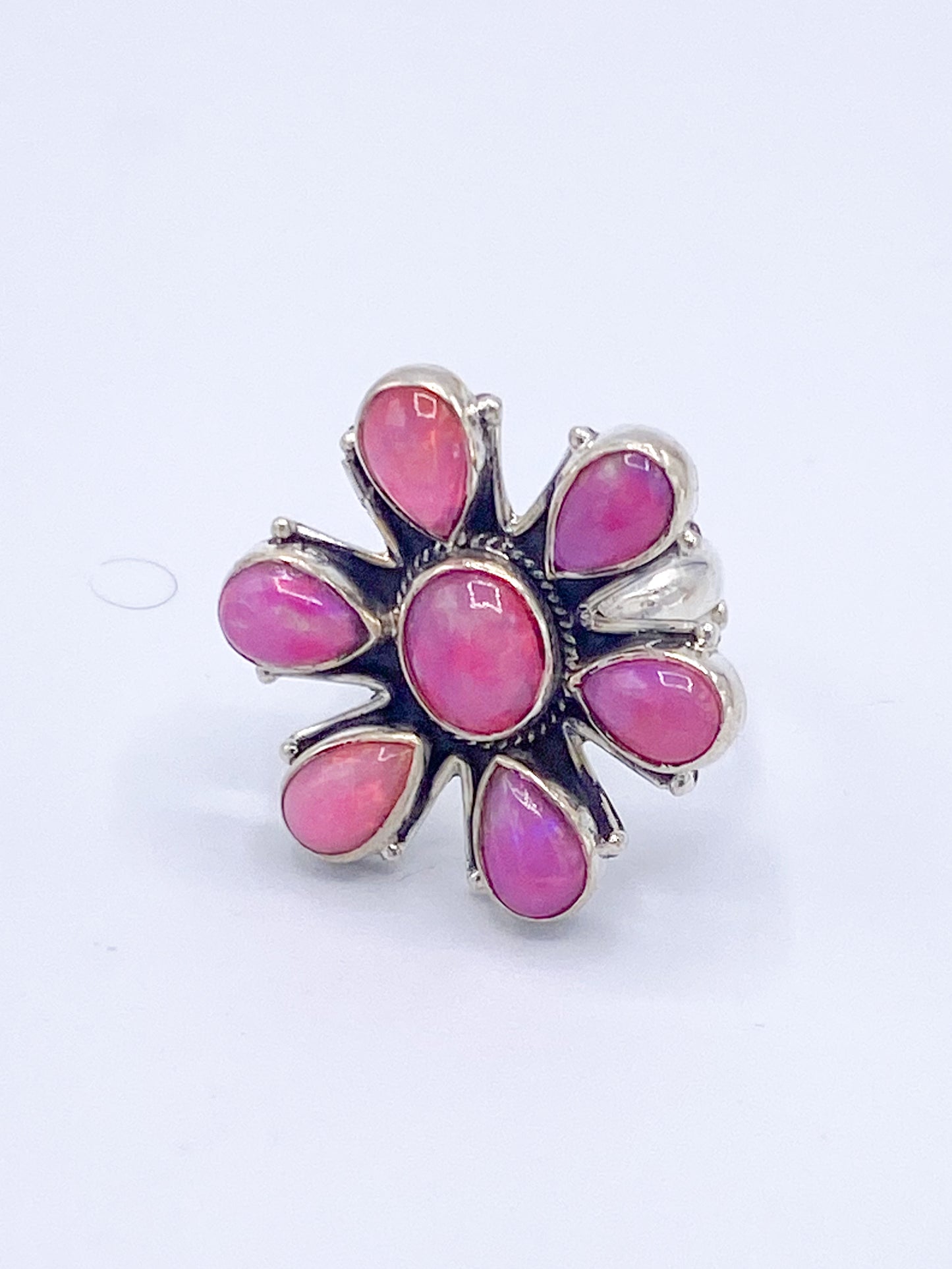 Ethiopian Opal Color Enhanced Flower Adjustable Ring - Solid Sterling Silver