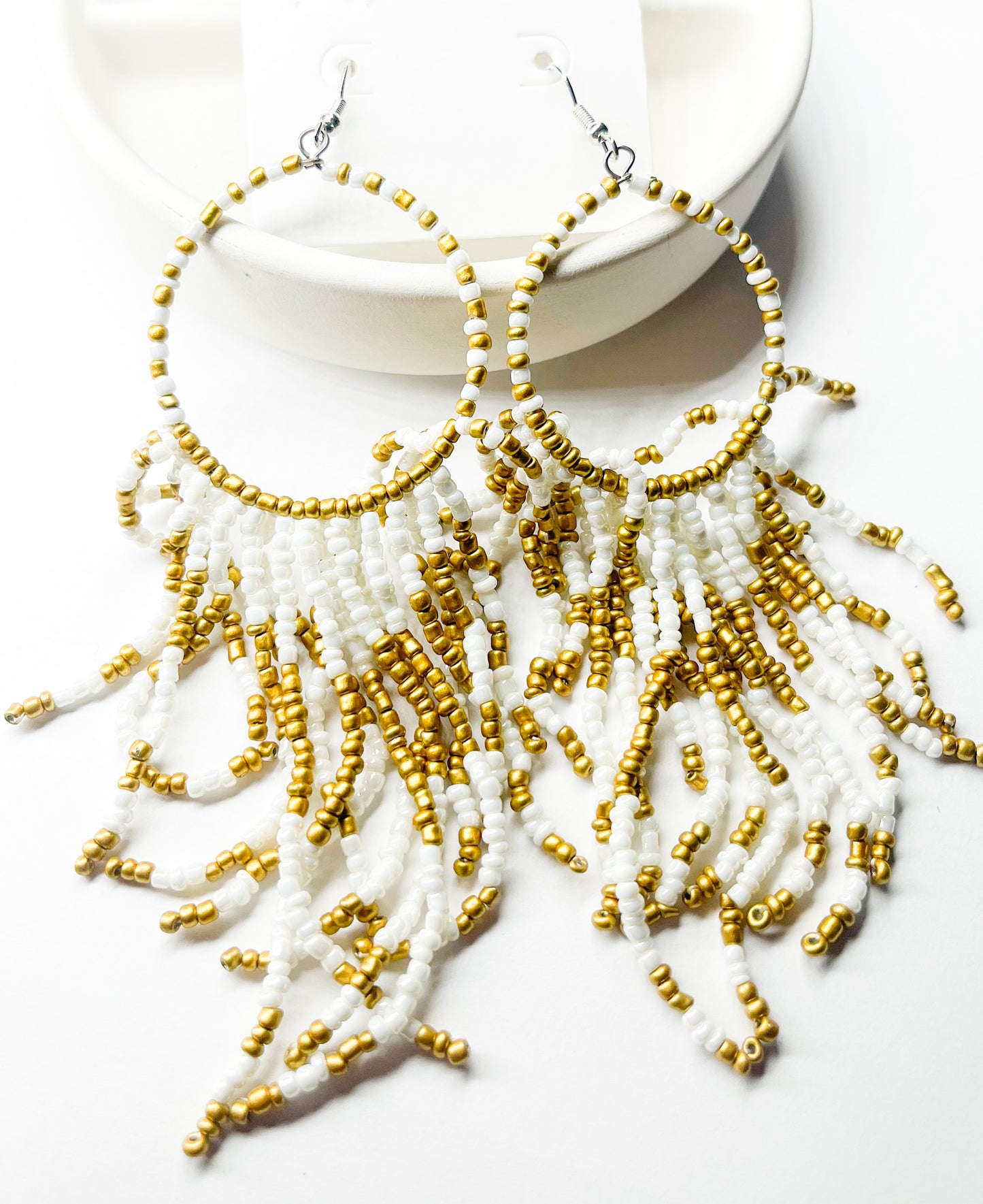 Gold and white Beaded Hoops