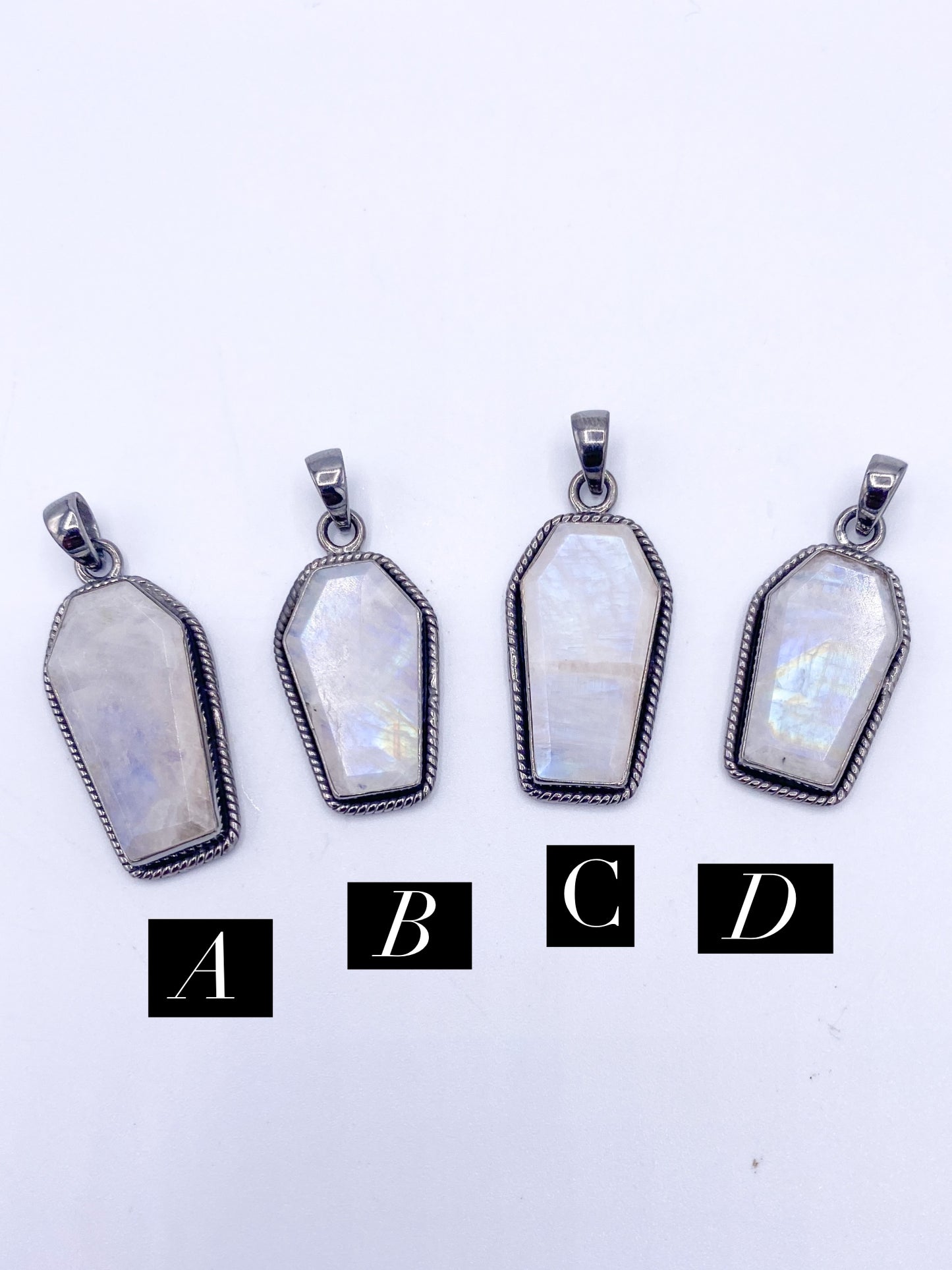 Rainbow Moonstone Coffin Pendant-Solid Sterling Silver