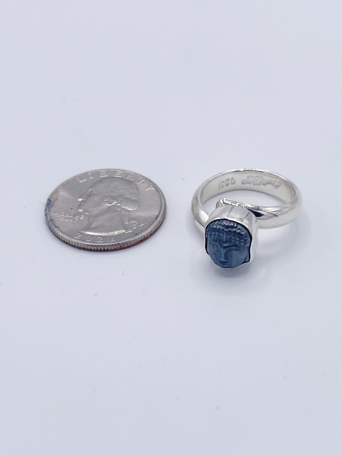 Hematite Dainty Buddha Adjustable Ring -Solid Sterling Silver