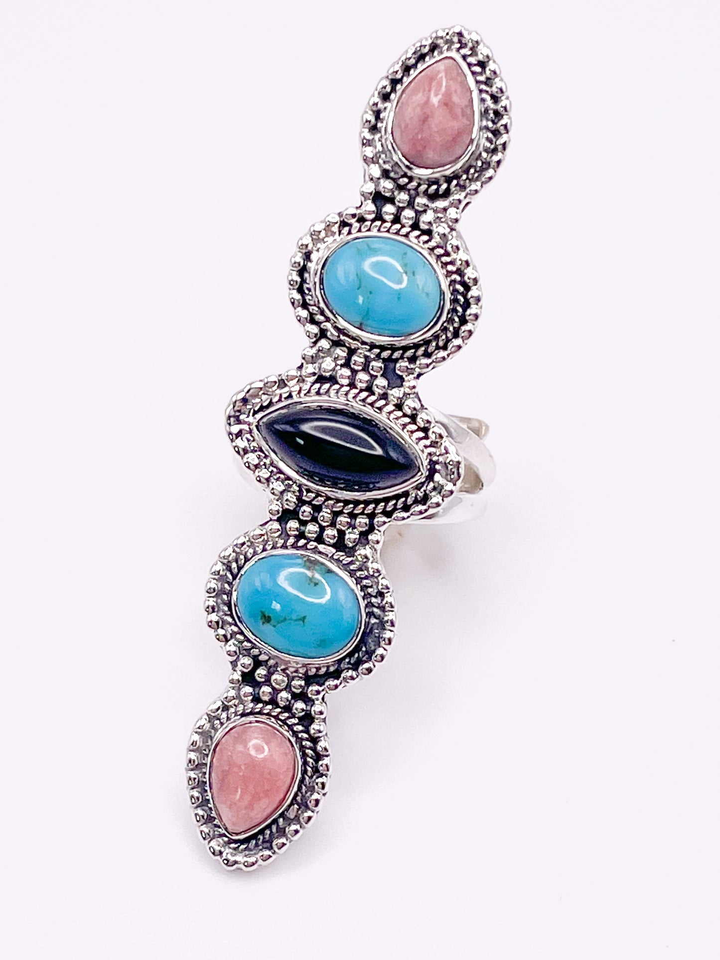 Black onyx,Turquoise & Rhodochrosite Crawler Ring-Solid Sterling Silver