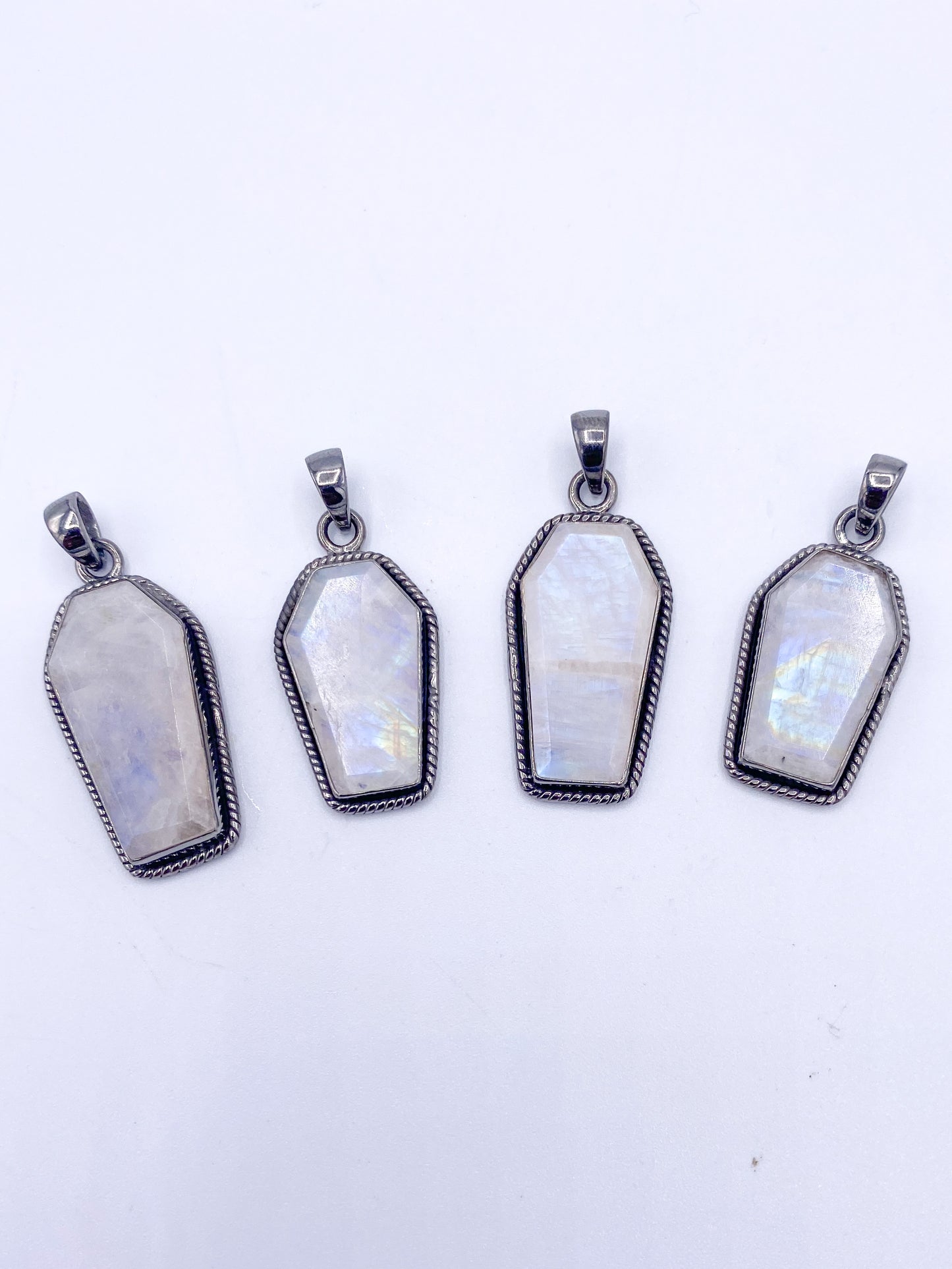 Rainbow Moonstone Coffin Pendant-Solid Sterling Silver