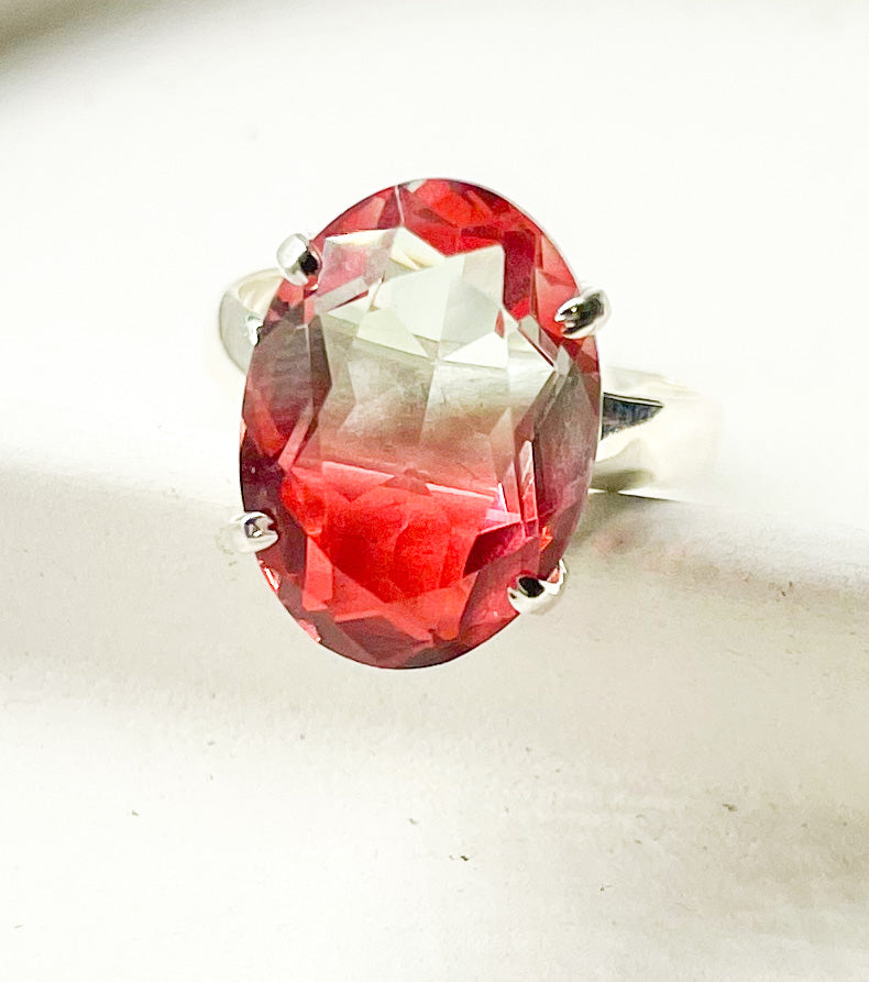 Red And White Fluorite Glass Adjustable Ring-Solid Sterling Silver