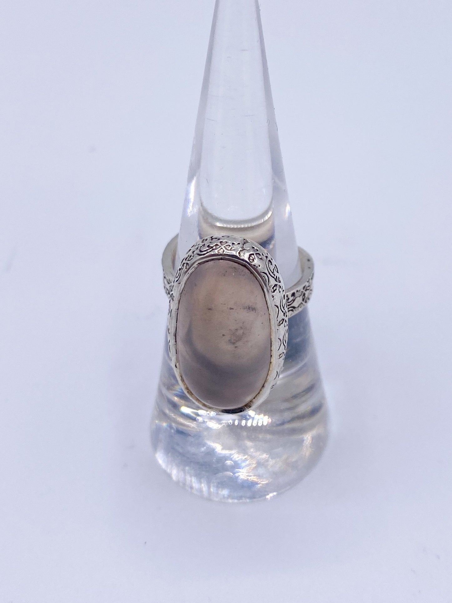 Rose Quartz Oval Adjustable Ring W Floral Border-Solid Sterling Silver