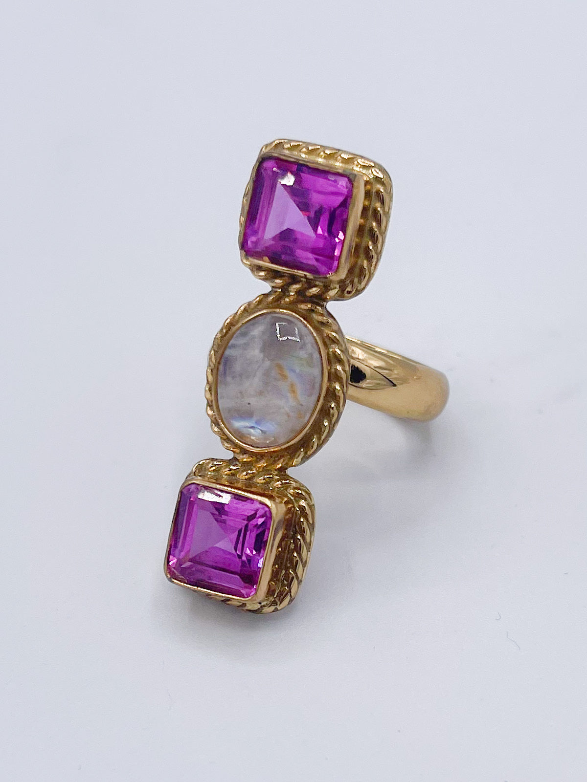 Lab Pink Sapphire & Moonstone 2 Crawler Adjustable Ring-Alchemia